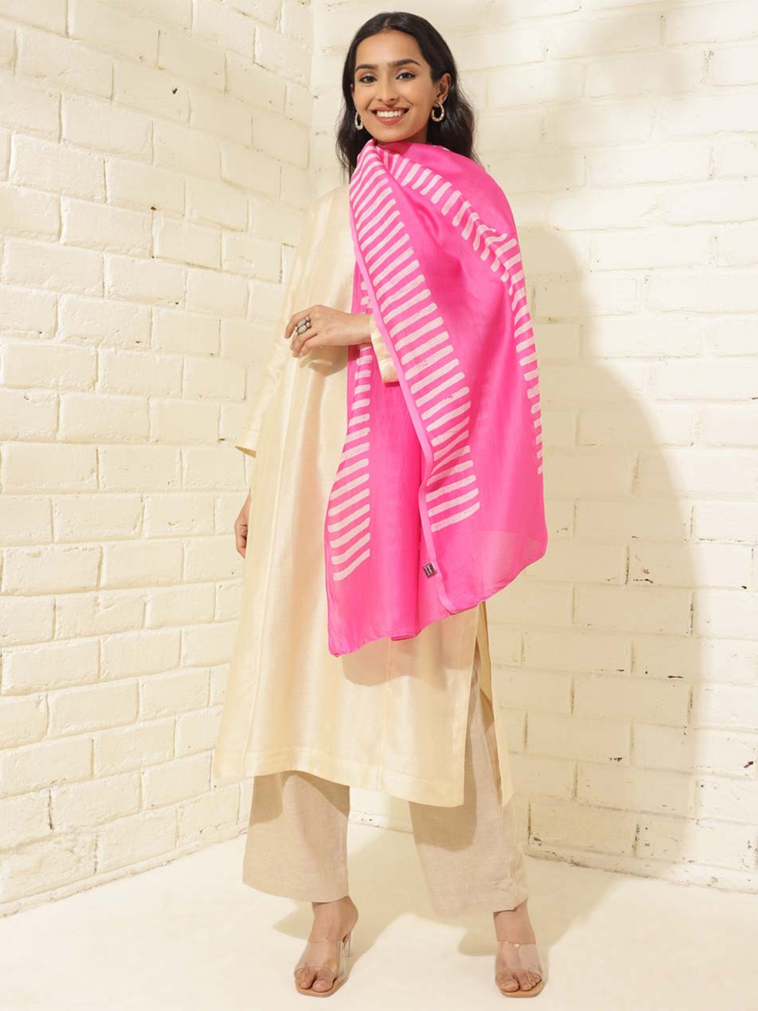 

Fabindia Striped Cotton & Silk Stole, Pink