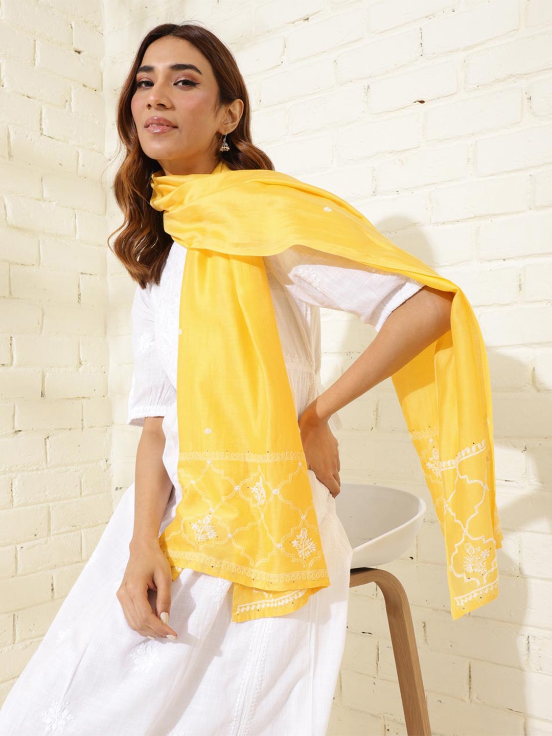 

Fabindia Chikankari Embroidered Cotton & Silk Stole, Yellow