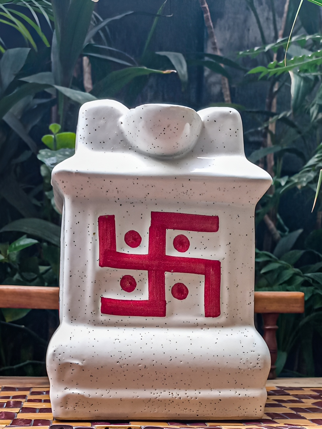

INDIA MEETS INDIA White & Red Swastik Design Ceramic Tulsi Planter