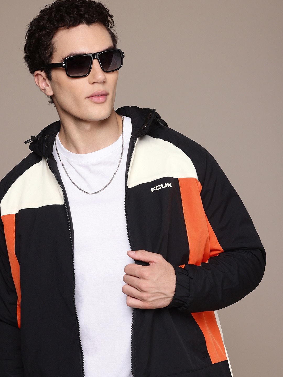 

FCUK Men Colourblocked Hooded Padded Jacket, Black