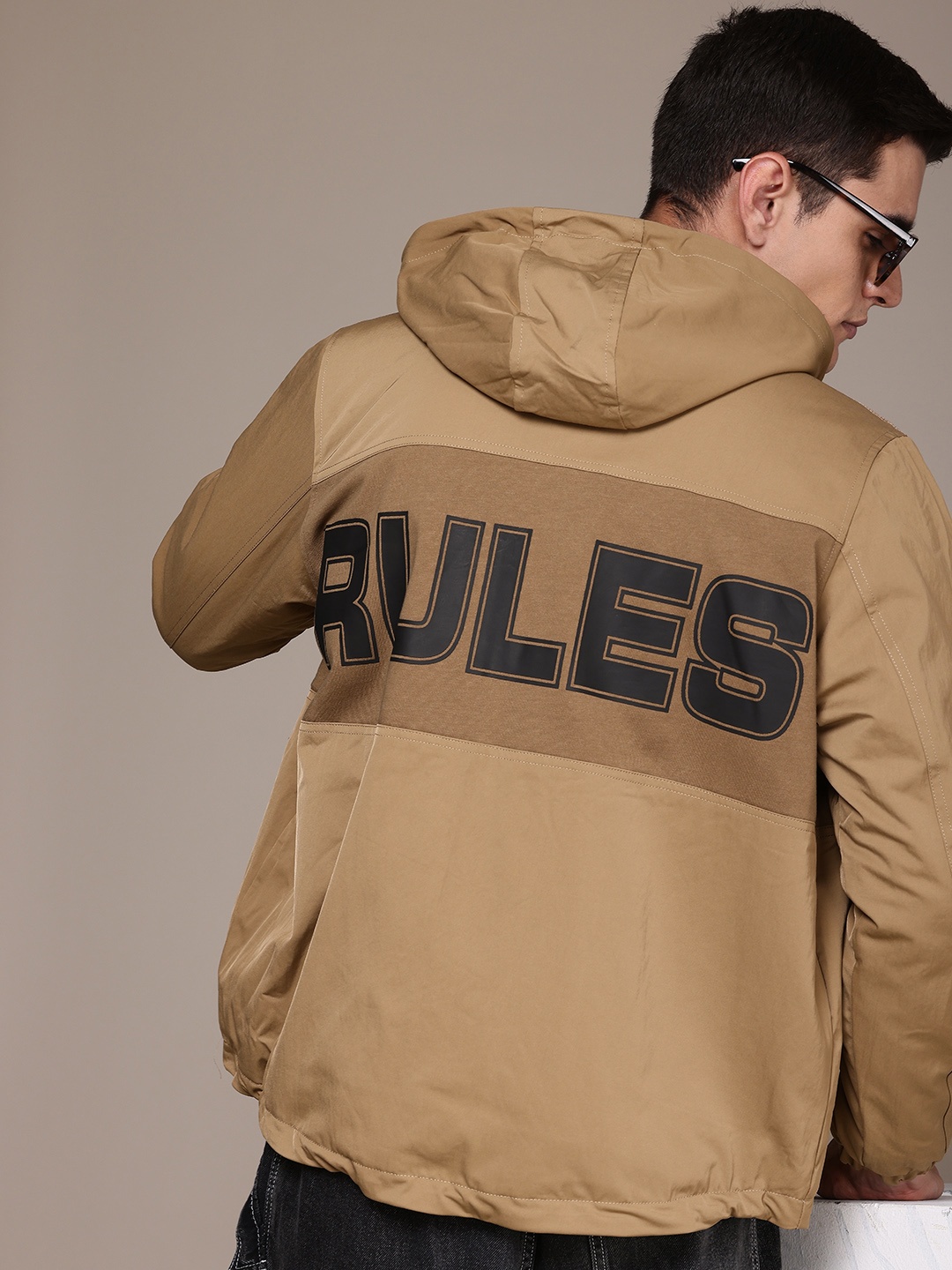 

FCUK Brand Logo Printed Hooded Padded Jacket, Camel brown