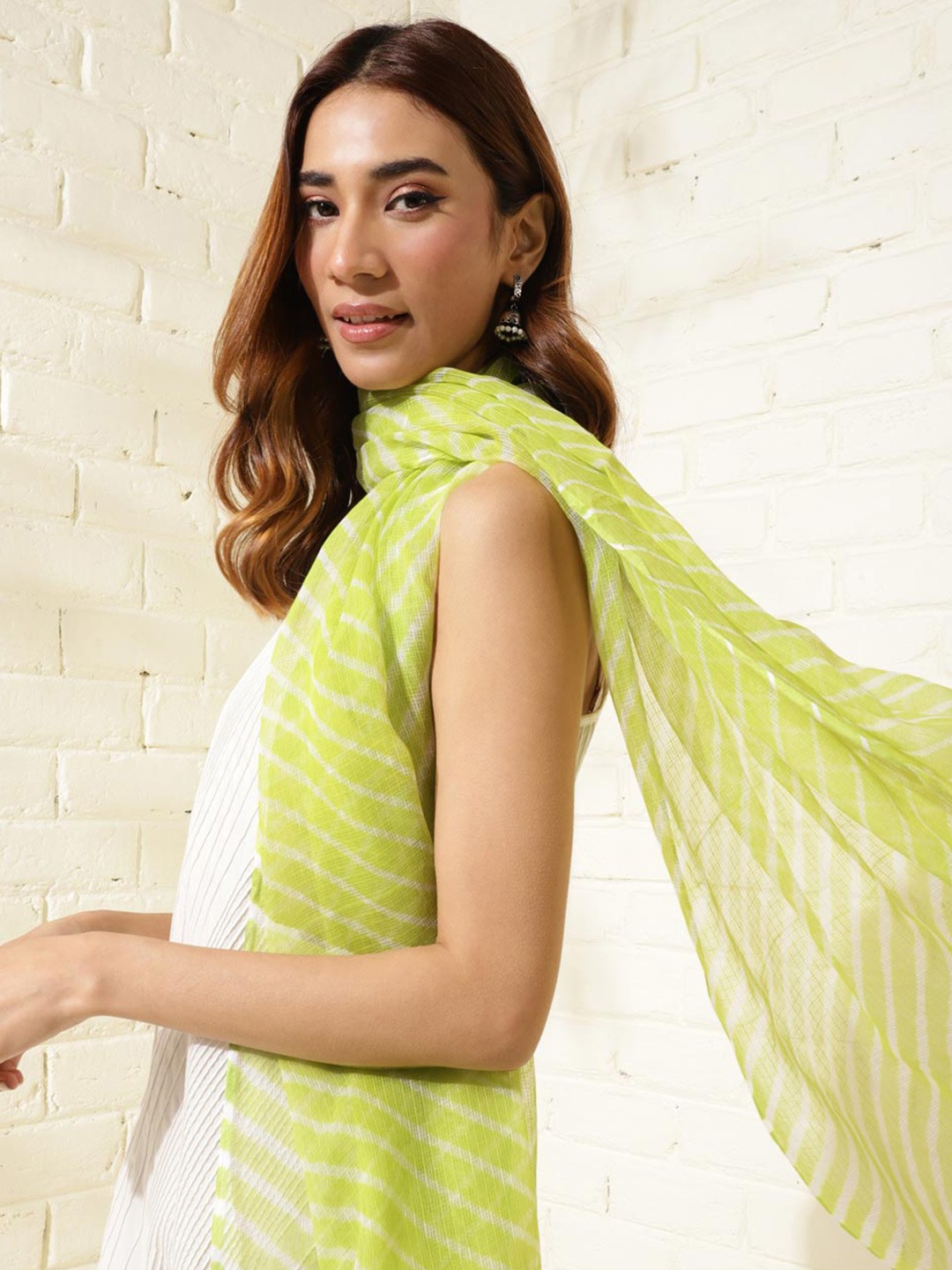 

Fabindia Printed Cotton Silk Dupatta, Lime green