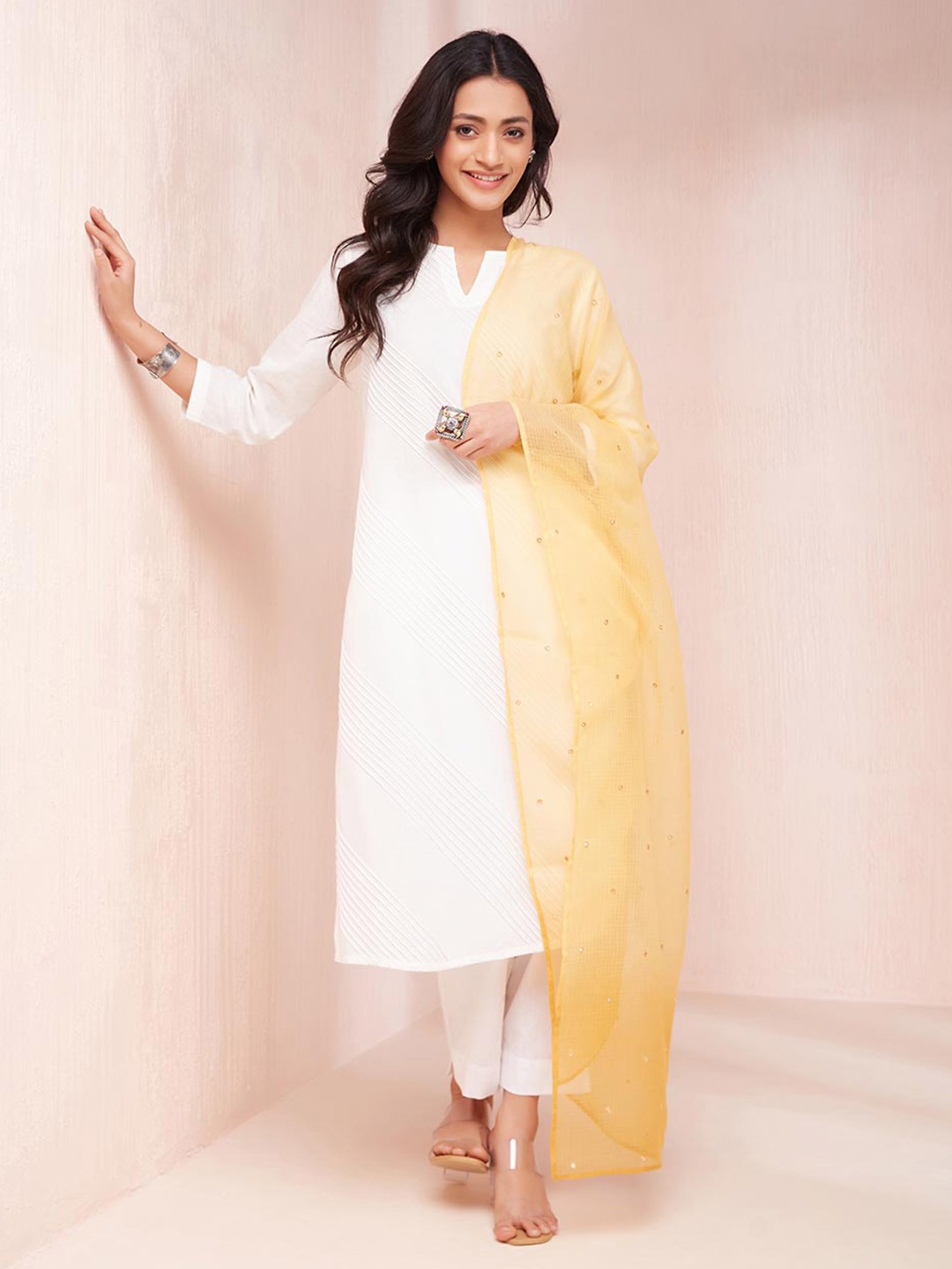 

Fabindia Ethnic Motifs Embroidered Cotton Silk Dupatta With Mirror Work, Yellow