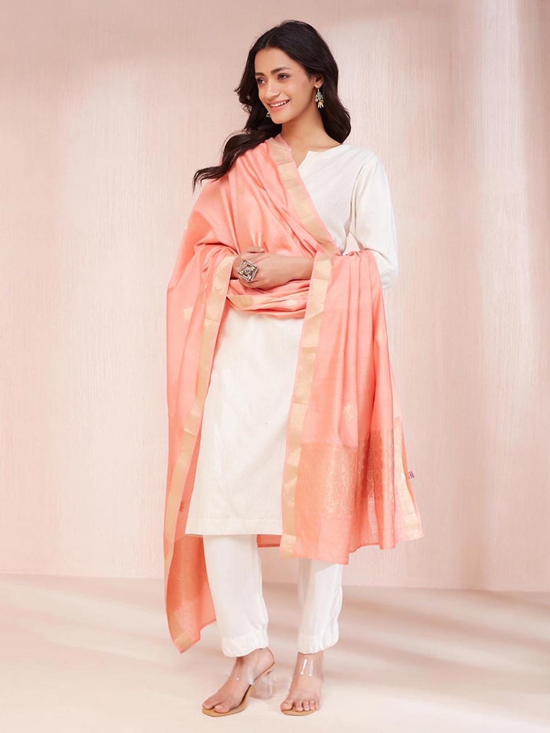 

Fabindia Ethnic Motifs Woven Design Dupatta with Zari, Peach
