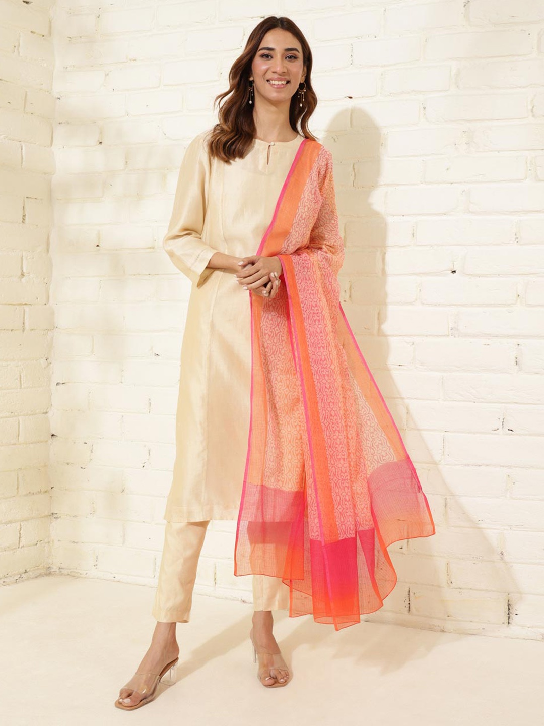 

Fabindia Ethnic Motifs Printed Cotton Silk Dupatta, Pink