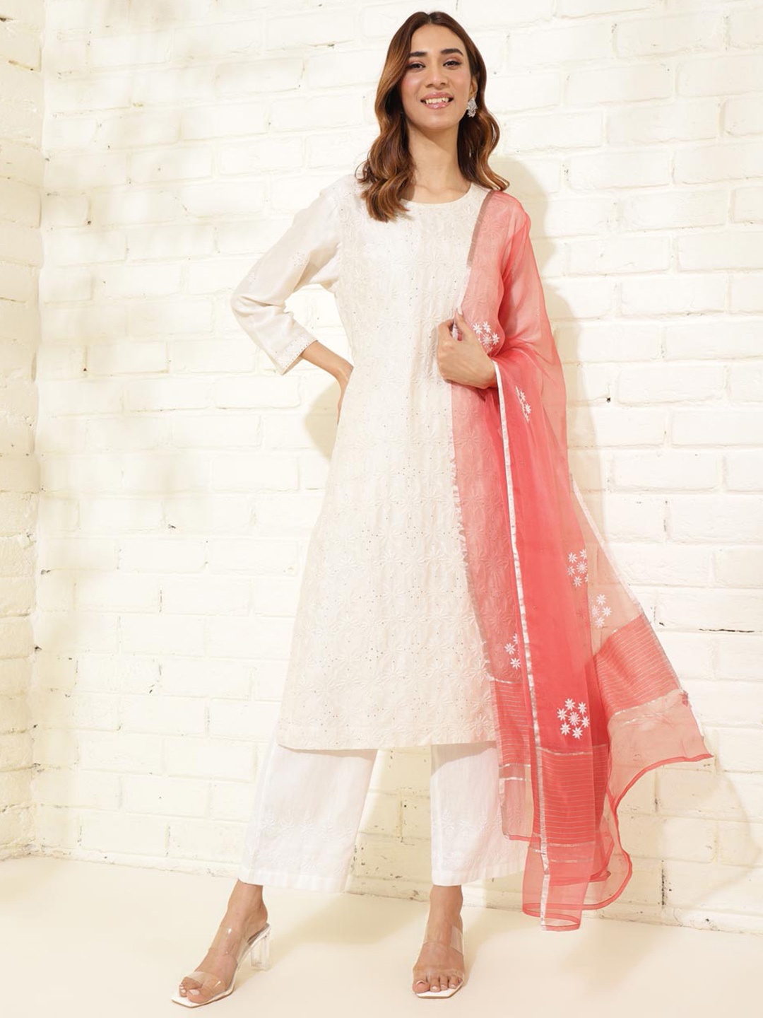 

Fabindia Ethnic Motifs Embroidered Dupatta With Chikankari, Orange
