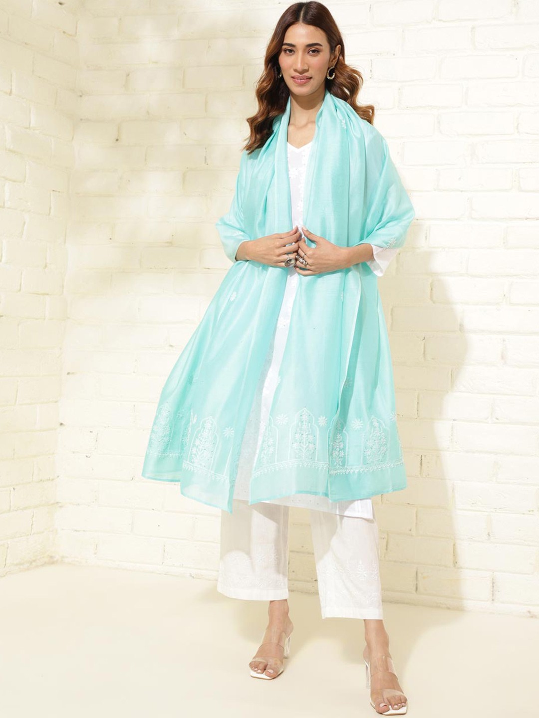 

Fabindia Chikankari Embroidered Cotton Silk Dupatta, Blue