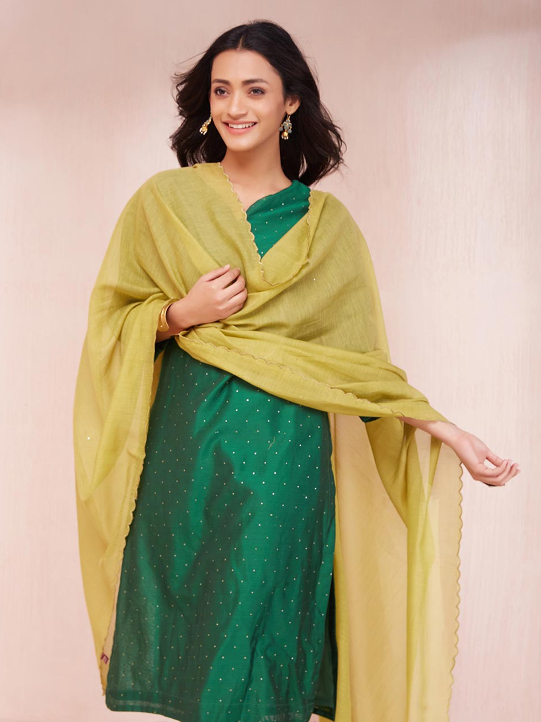 

Fabindia Cotton Silk Dupatta, Lime green