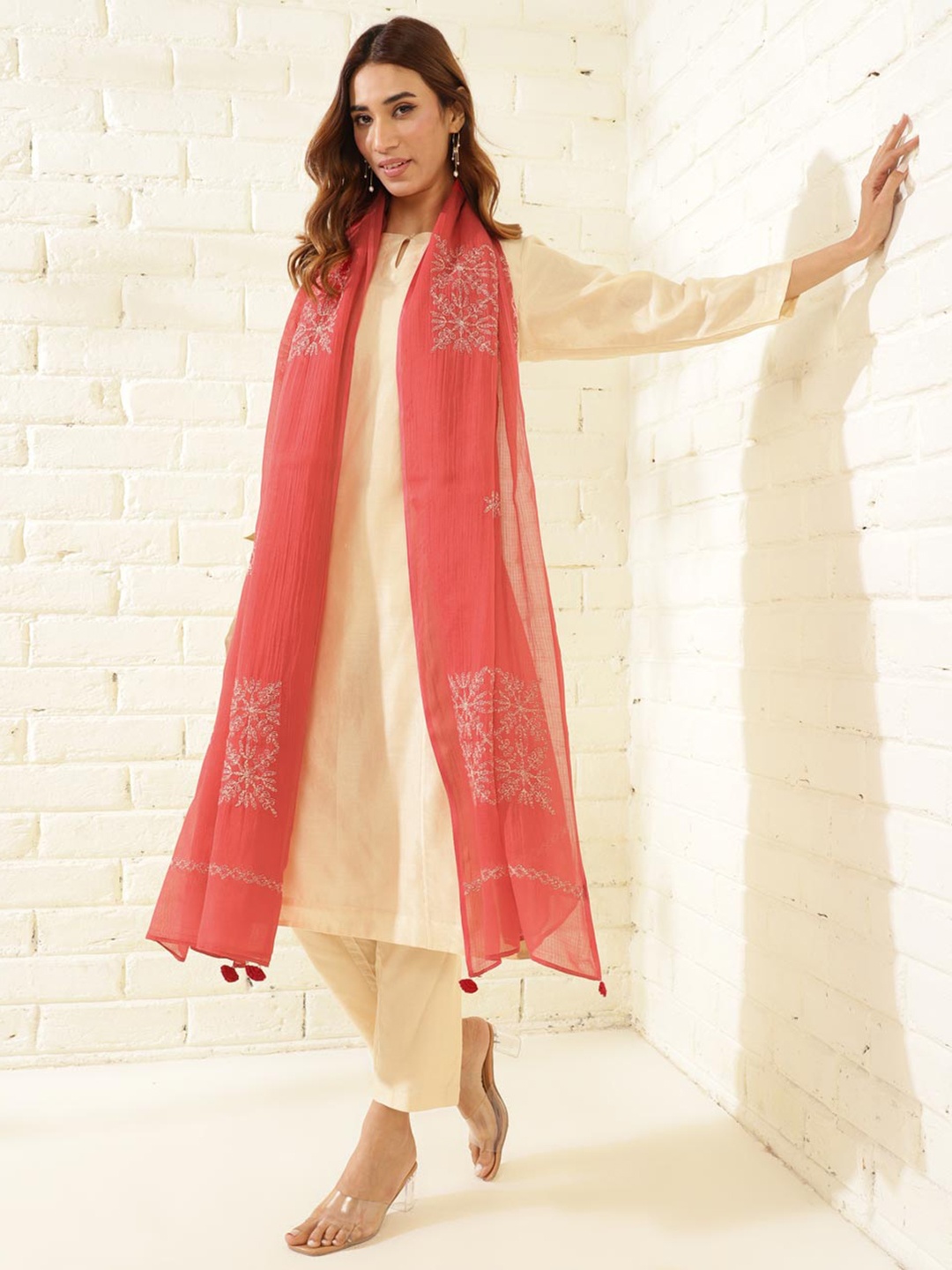 

Fabindia Ethnic Motifs Embroidered Cotton Silk Chikankari Dupatta, Coral