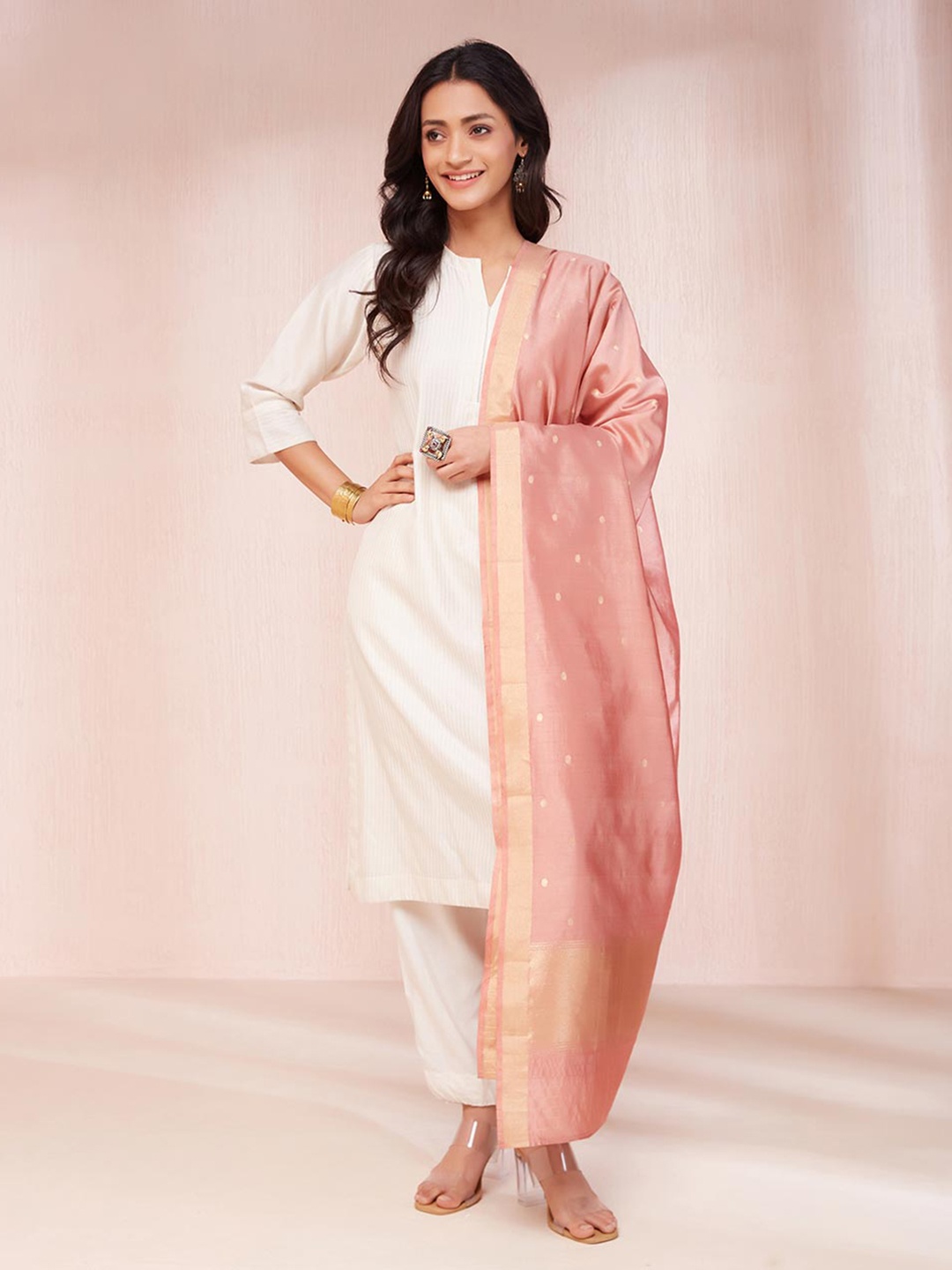 

Fabindia Ethnic Motifs Woven Design Dupatta With Zari, Pink