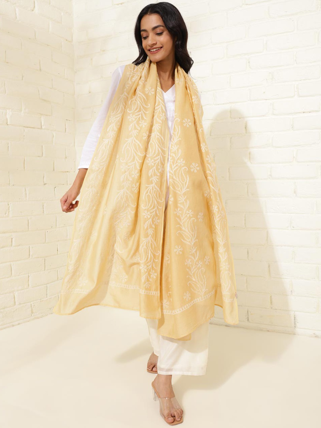 

Fabindia Ethnic Motifs Embroidered Cotton Silk Dupatta with Chikankari, Yellow