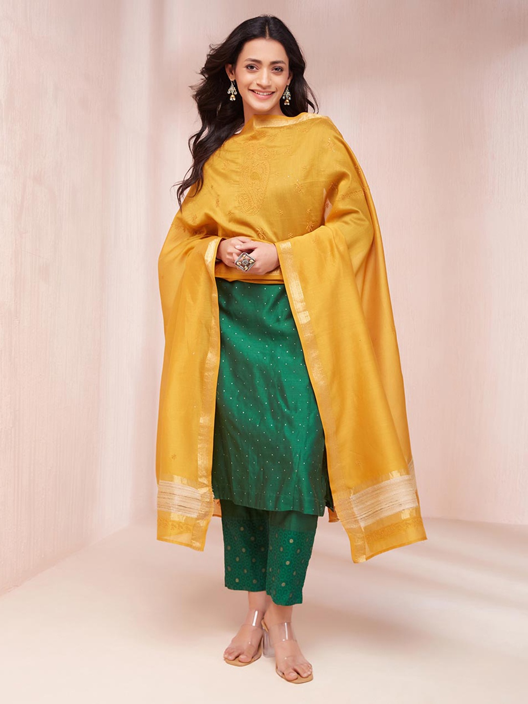 

Fabindia Ethnic Motifs Embroidered Cotton Silk Dupatta with Thread Work, Mustard