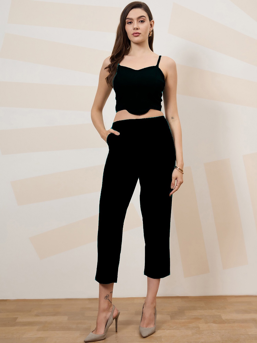 

Shally Bhasin by Athena Shoulder Straps Crop Top , Coat & Trouser, Black