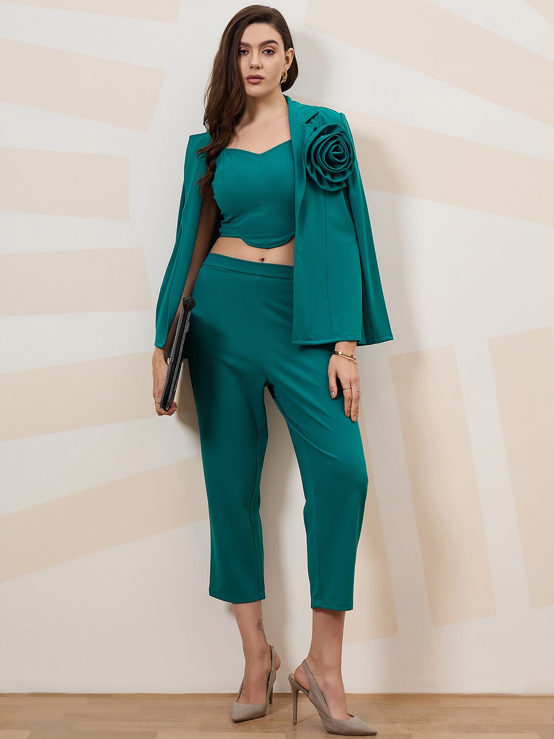 

Shally Bhasin by Athena Shoulder Straps Crop Top & Trousers With Blazer, Green