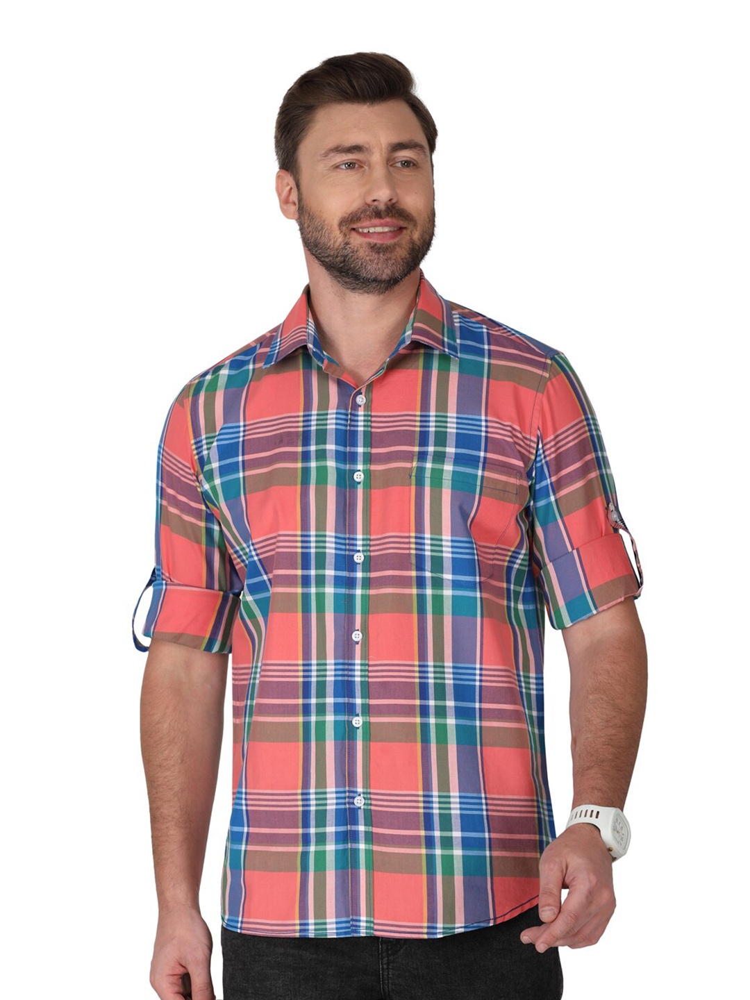 

Monterrey SF Relaxed Fit Tartan Checked Roll-Up Sleeves Cotton Casual Shirt, Pink