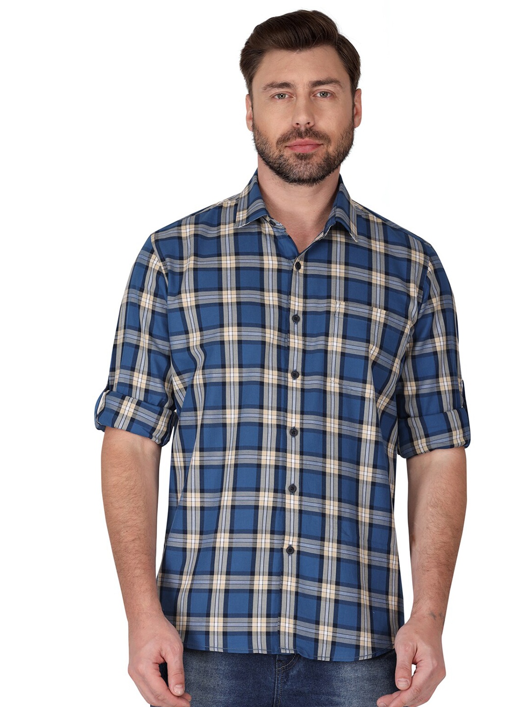 

Monterrey SF Relaxed Fit Checked Roll-Up Sleeves Cotton Casual Shirt, Blue