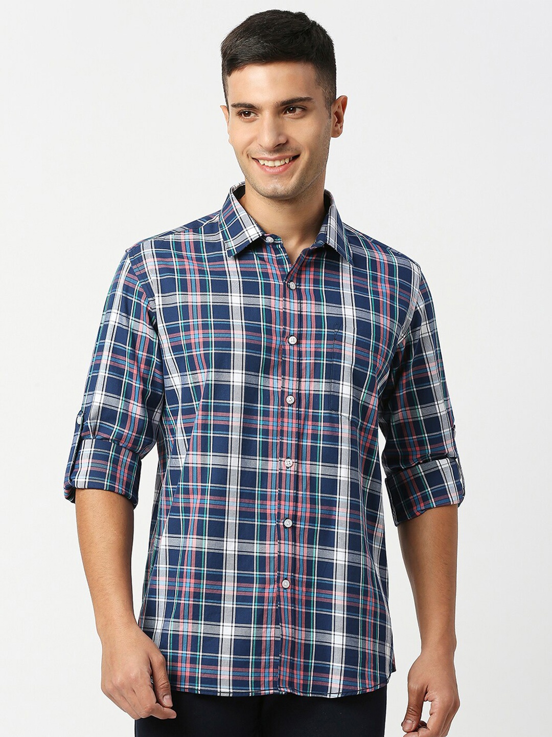 

Monterrey SF Tartan Checks Checked Relaxed Cotton Linen Casual Shirt, Navy blue