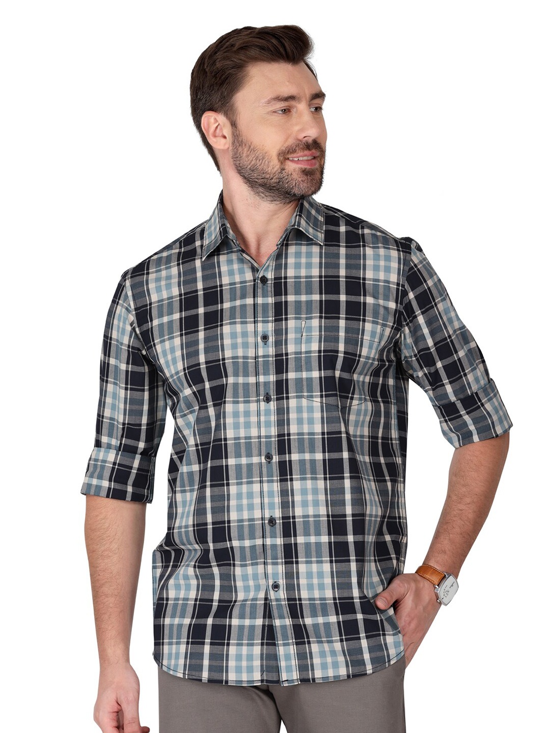 

Monterrey SF Tartan Checks Checked Relaxed Cotton Linen Casual Shirt, Blue