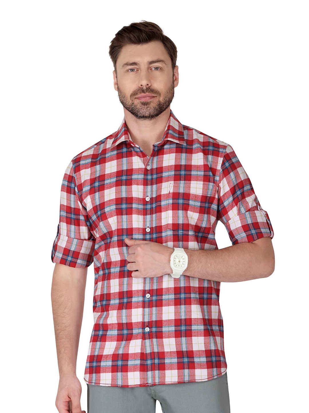 

Monterrey SF Relaxed Fit Tartan Checked Roll-Up Sleeves Cotton Casual Shirt, Red