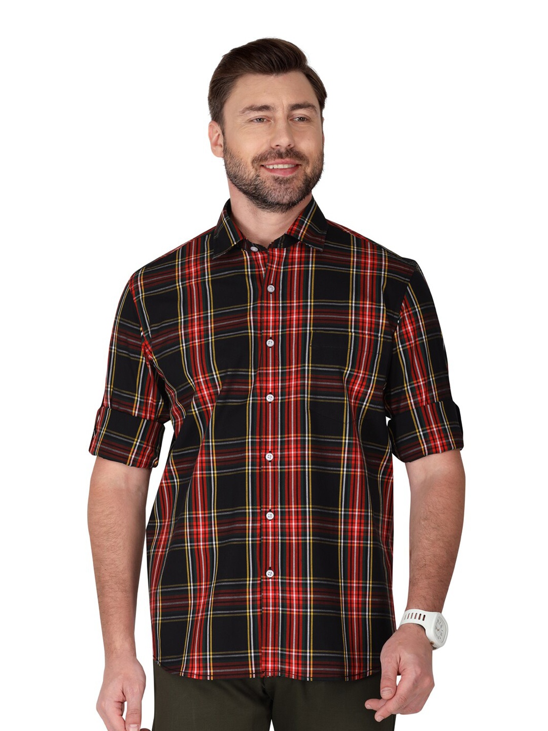 

Monterrey SF Relaxed Tartan Checked Roll-Up Sleeves Cotton Casual Shirt, Black