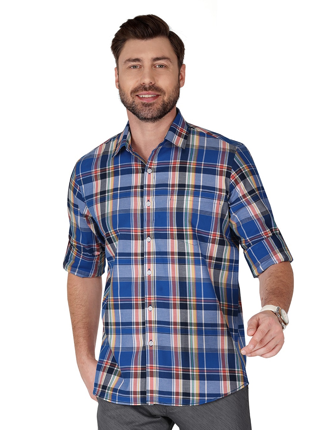 

Monterrey SF Tartan Checks Checked Relaxed Cotton Linen Casual Shirt, Blue