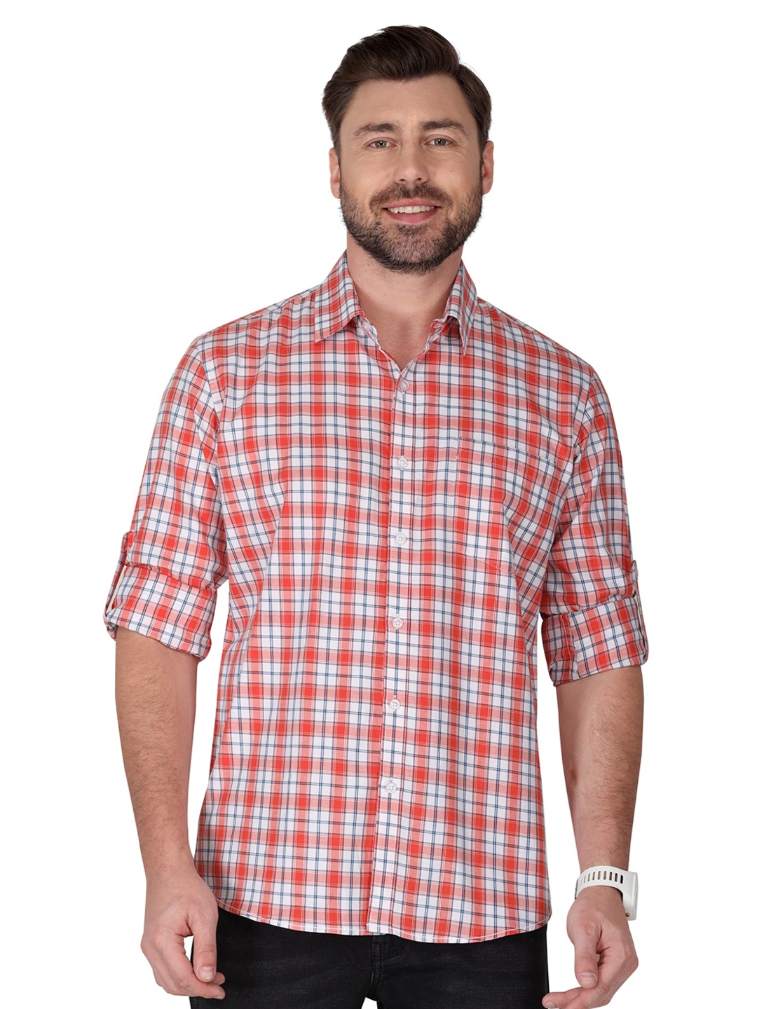 

Monterrey SF Relaxed Fit Checked Roll-Up Sleeves Cotton Casual Shirt, Orange