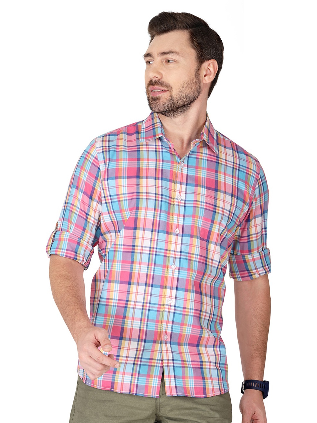 

Monterrey SF Relaxed Fit Tartan Checked Roll-Up Sleeves Cotton Casual Shirt, Pink