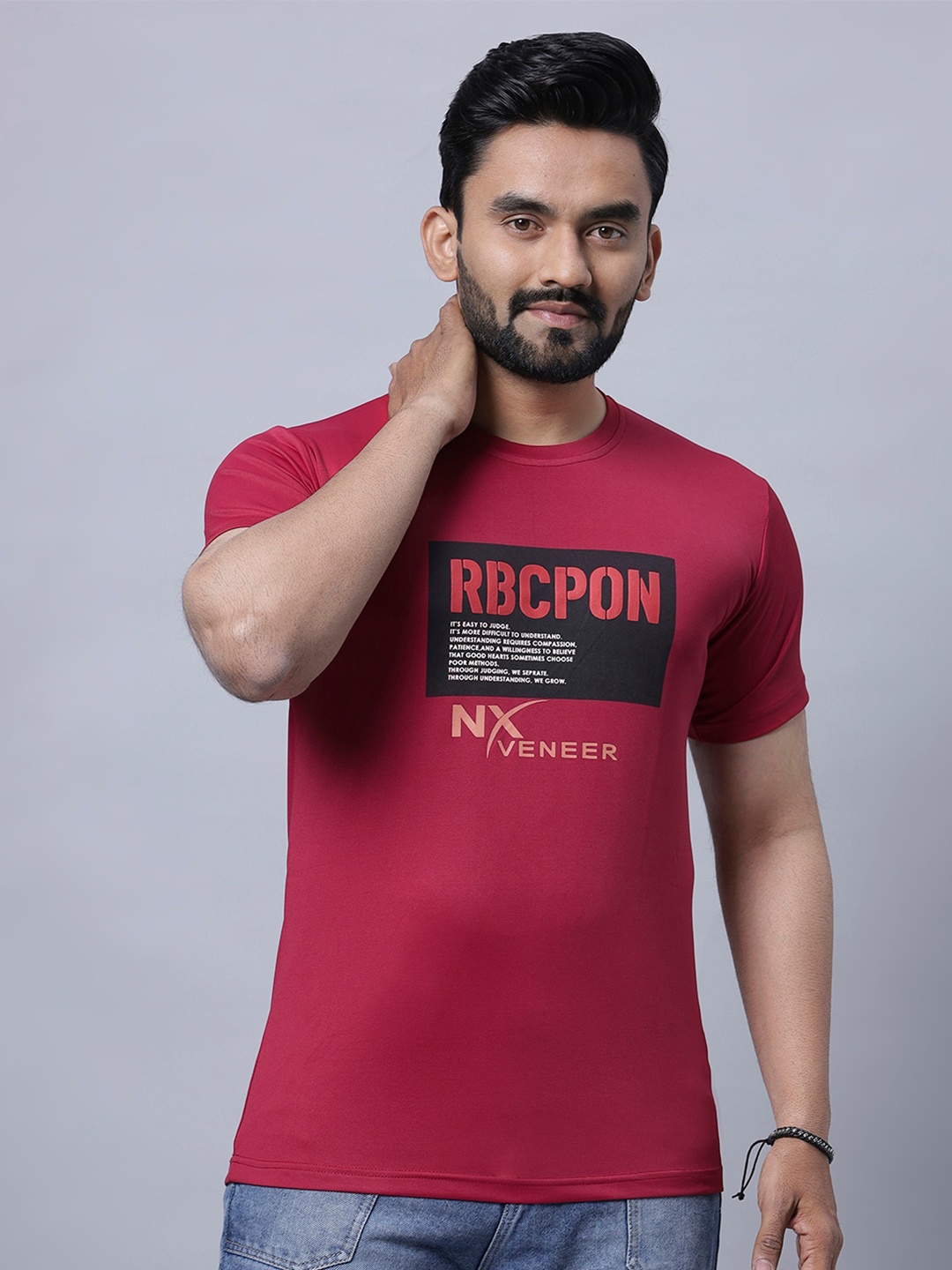 

N AND J Typography Printed Round Neck Cotton Casual T-shirt, Maroon