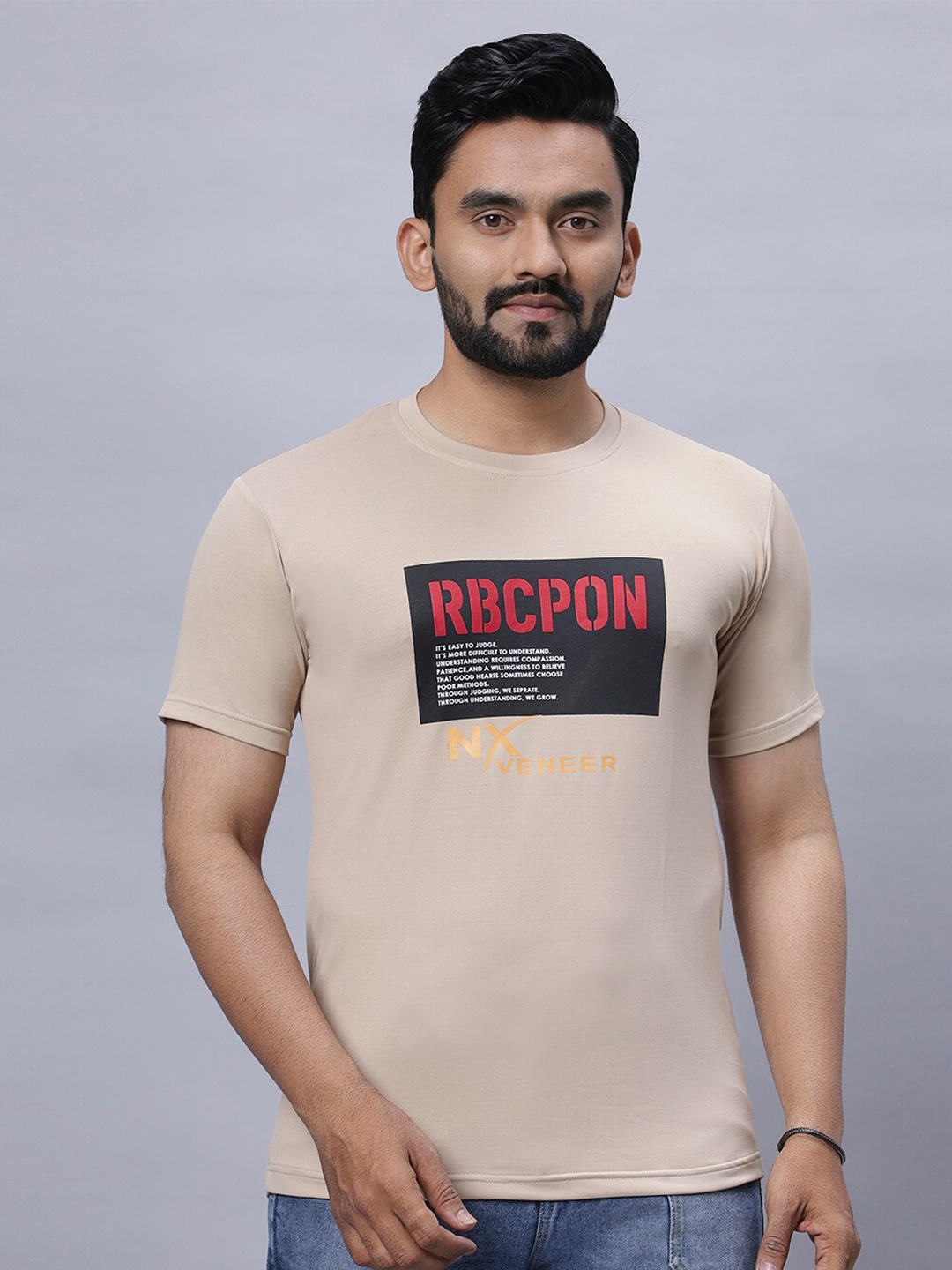 N AND J Typography Printed Cotton T-shirt, Brown