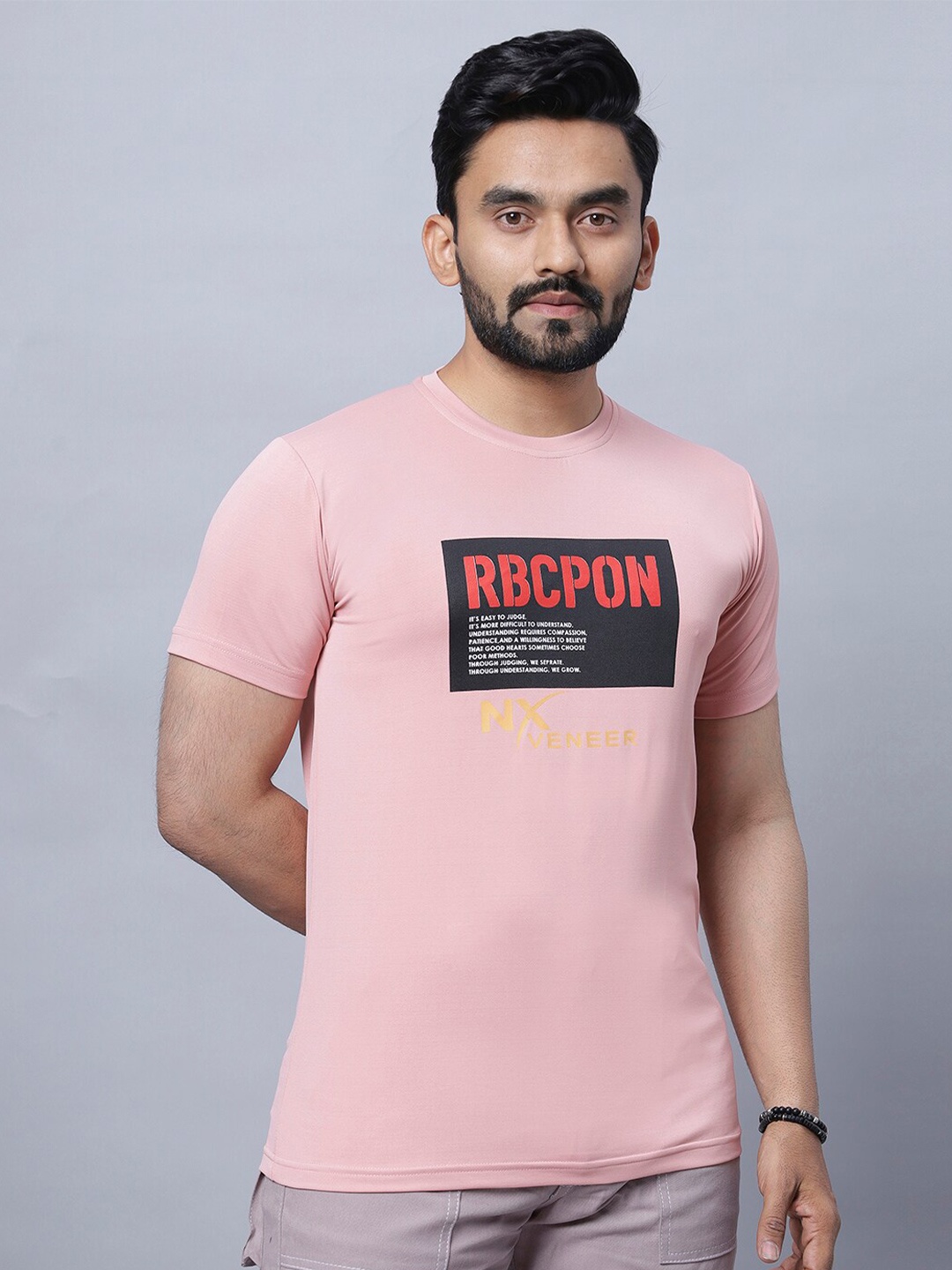 N AND J Typography Printed Cotton T-shirt, Peach