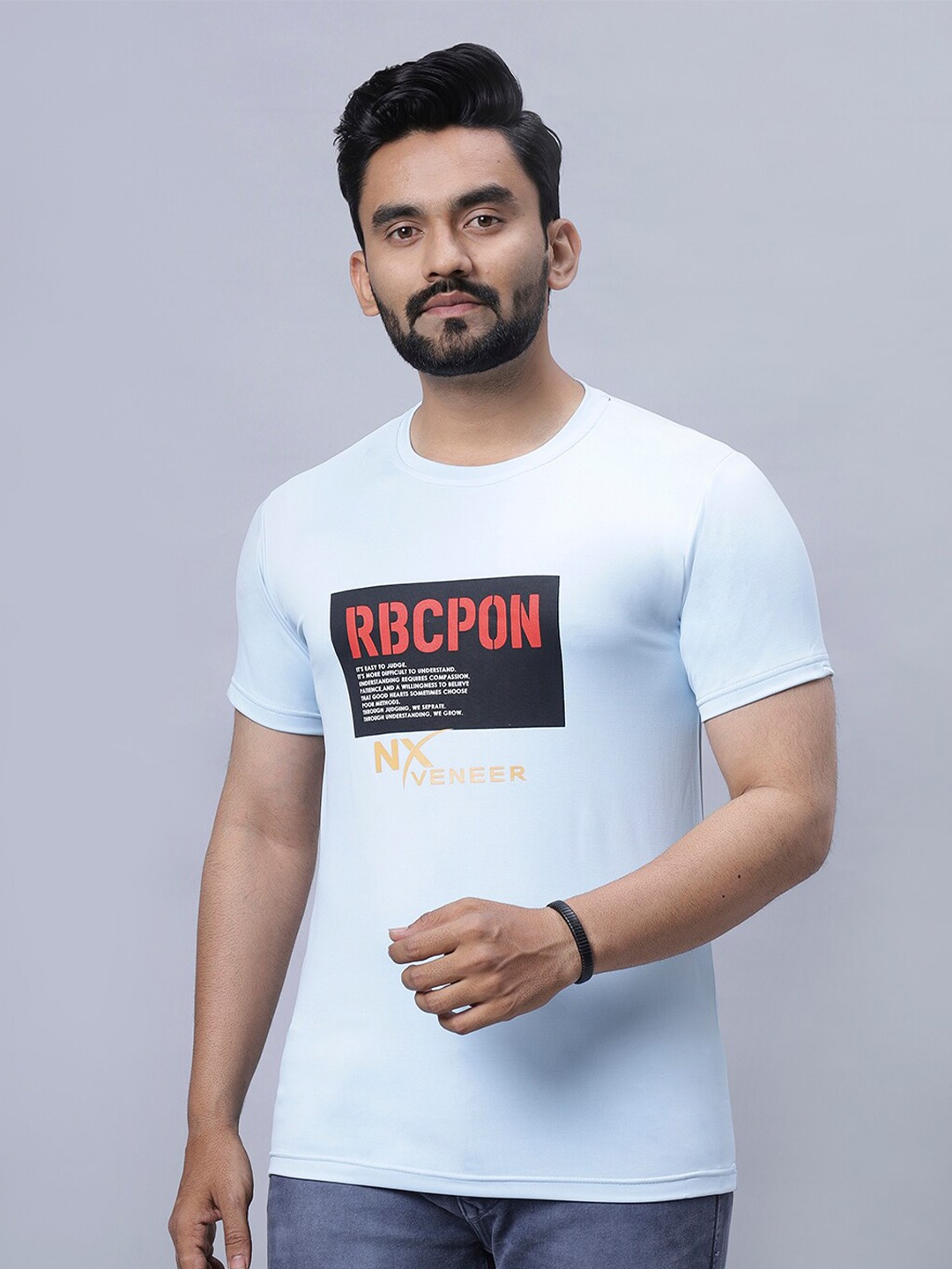 

N AND J Typography Printed Round Neck Cotton T-shirt, Blue