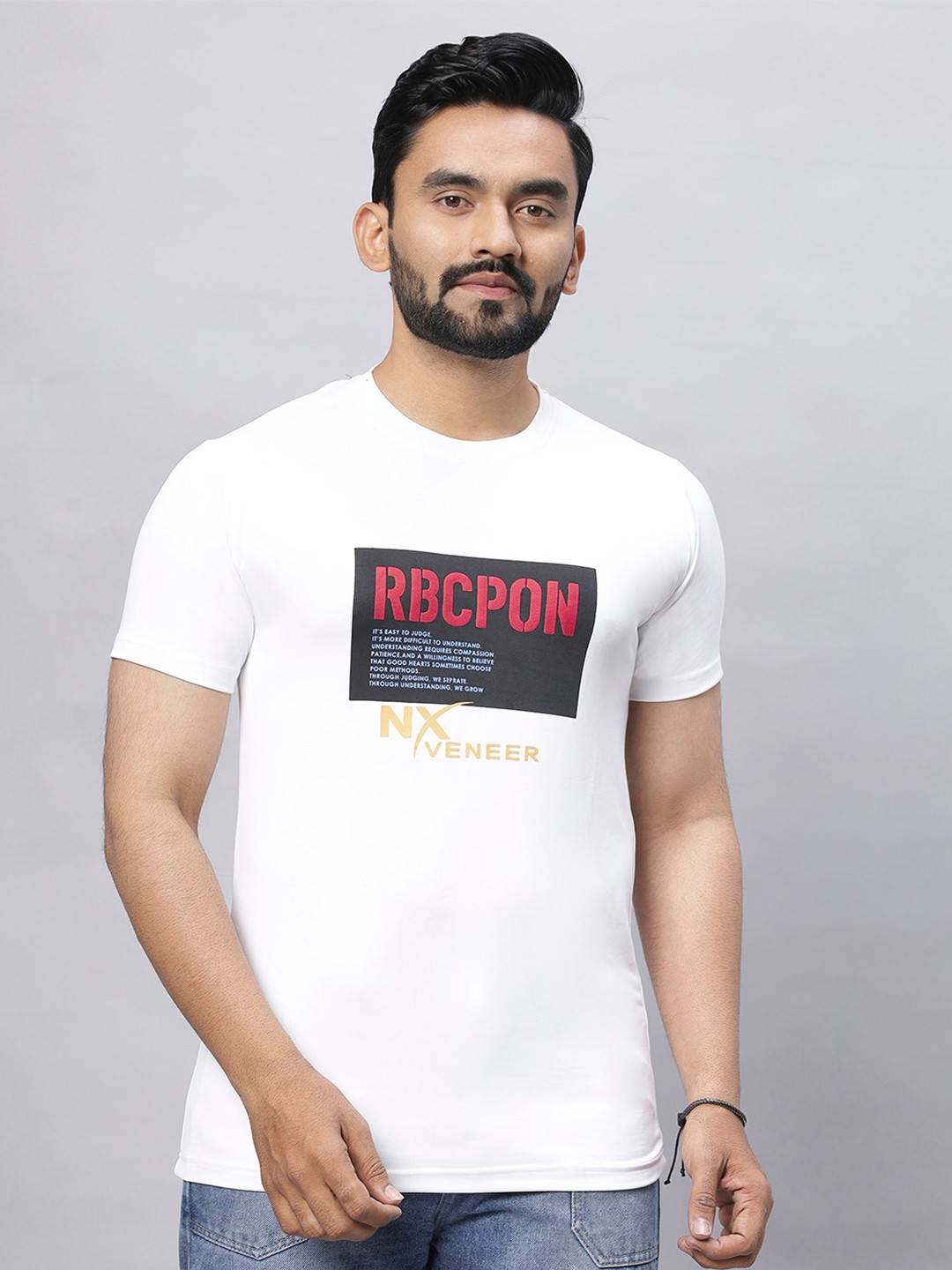

N AND J Typography Printed Round Neck Cotton Casual T-shirt, White