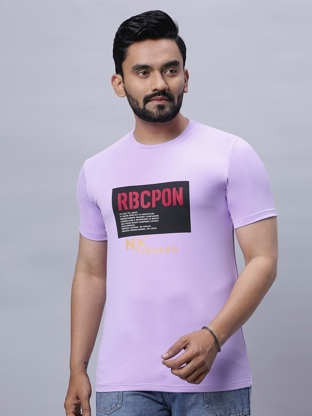 

N AND J Typography Printed Round Neck Cotton Casual T-shirt, Lavender