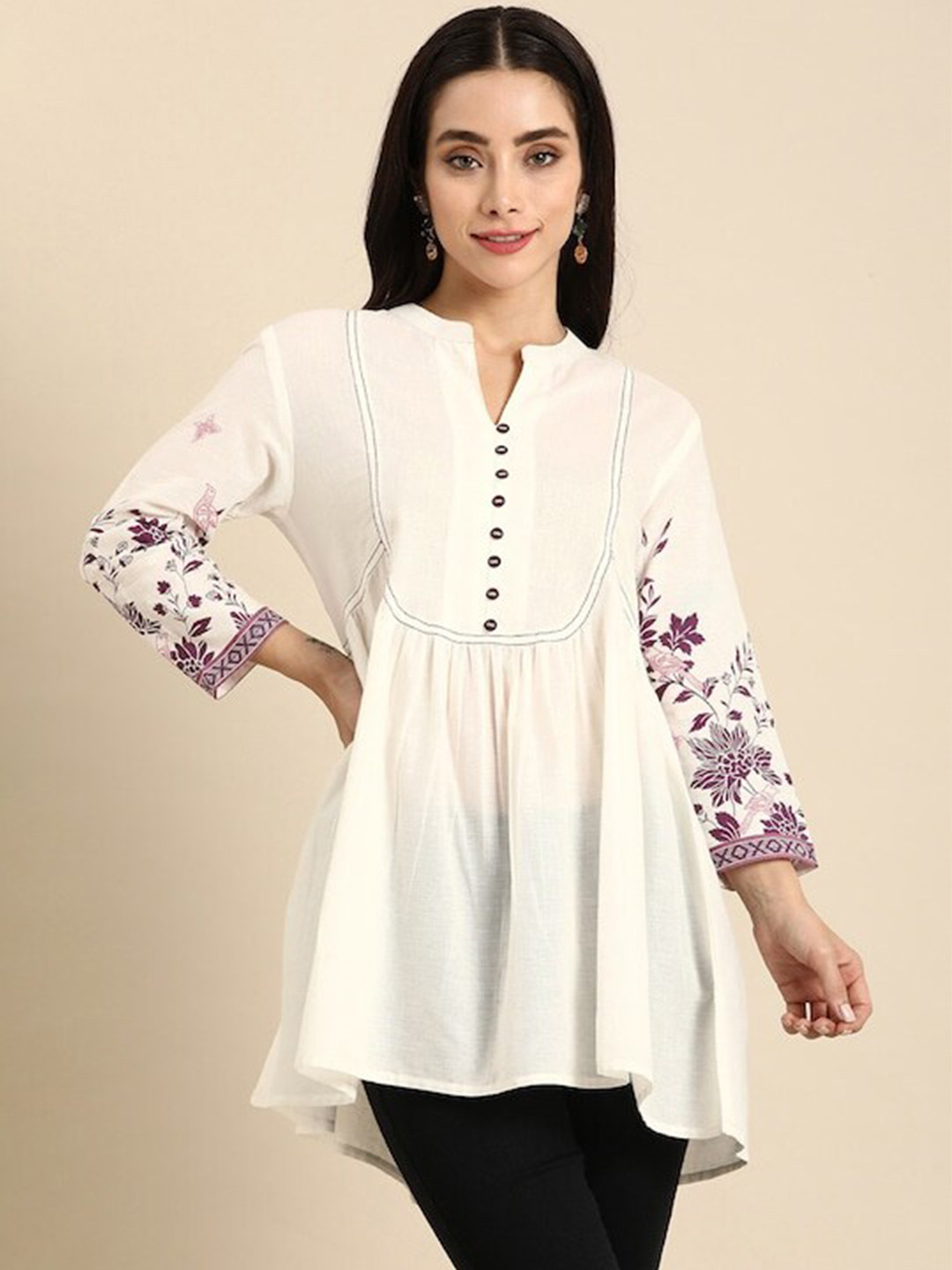 

BAESD Floral Printed Pure Cotton Pleated Kurti, White