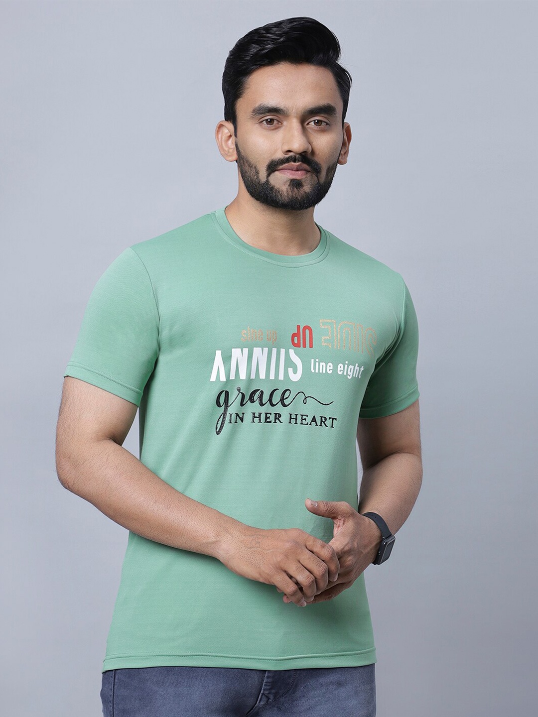 

N AND J Typography Printed Round Neck Cotton Casual T-shirt, Green