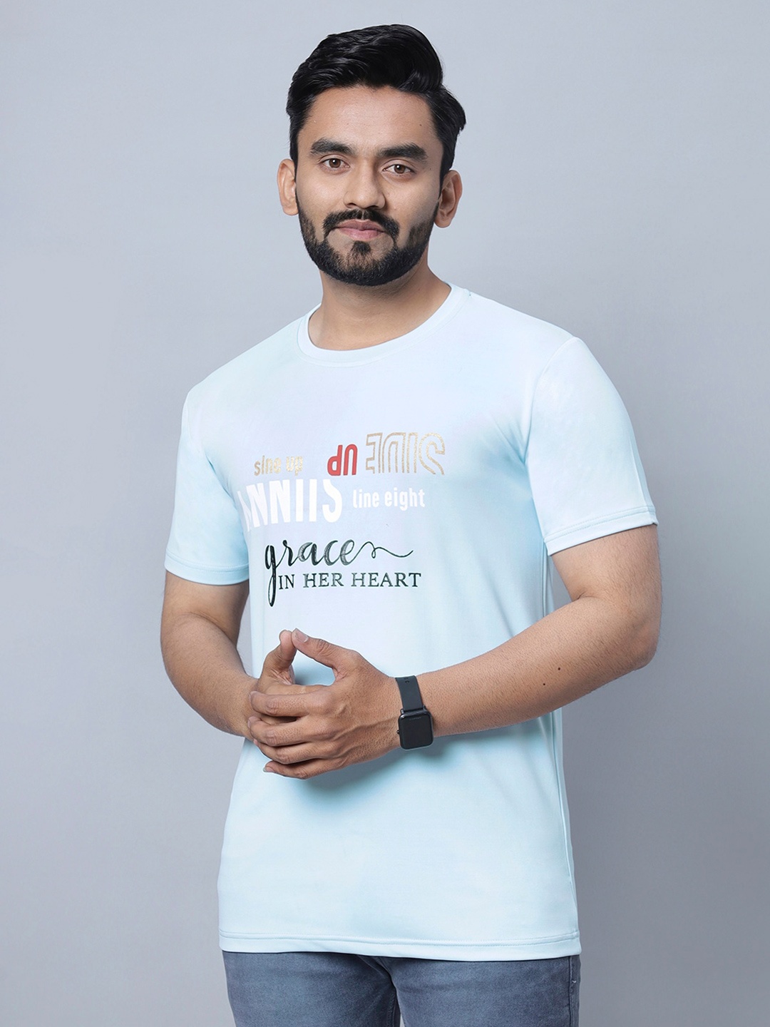 

N AND J Typography Printed Round Neck Cotton Casual T-shirt, Blue