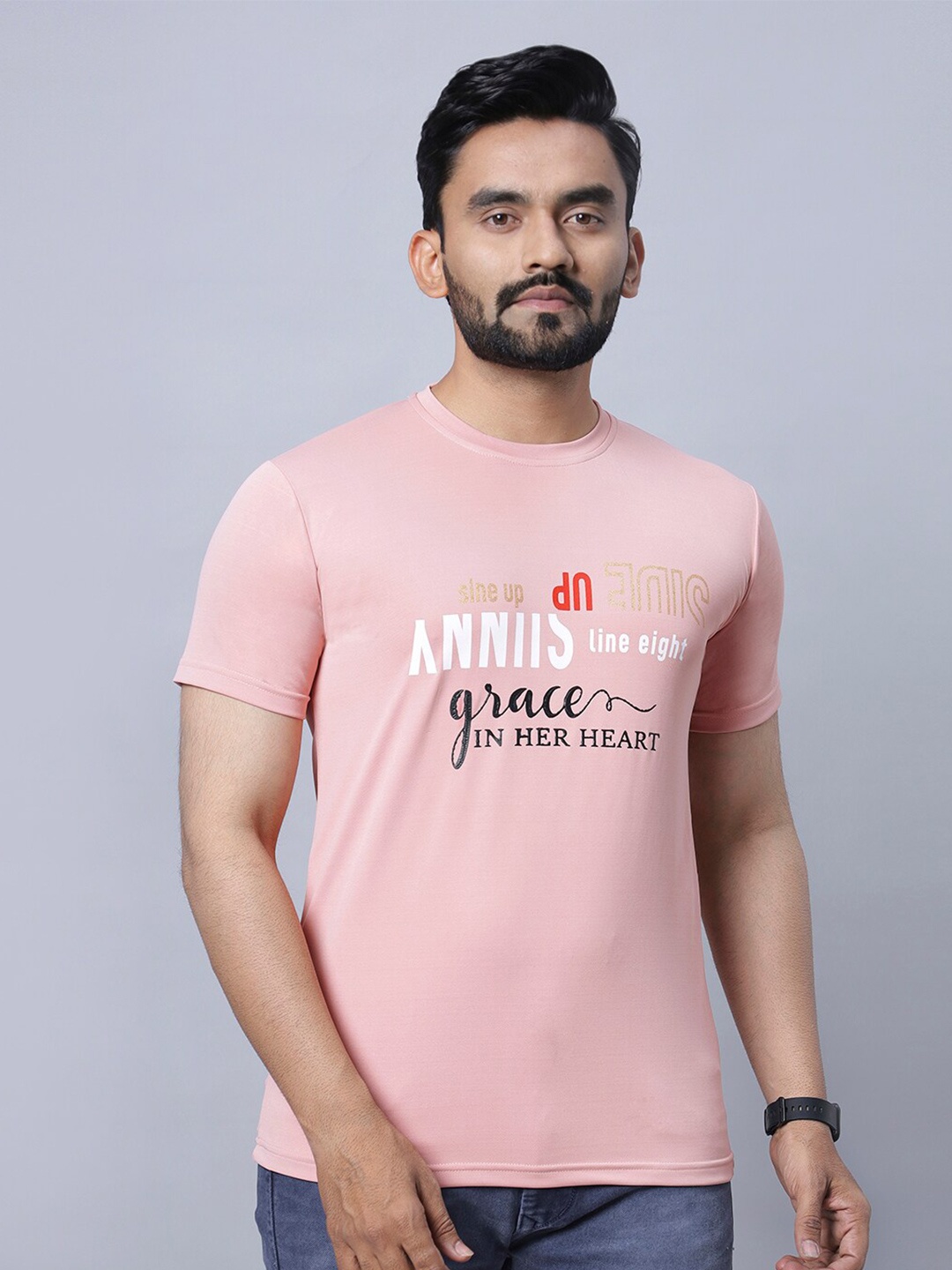 

N AND J Typography Printed Round Neck Cotton T-shirt, Peach