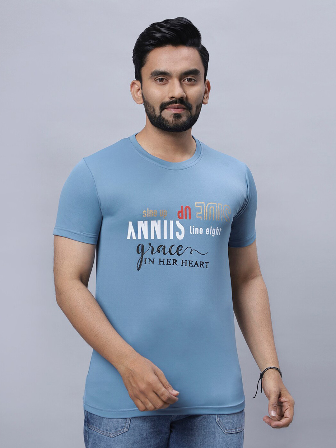 

N AND J Typography Printed Round Neck Cotton Casual T-shirt, Blue