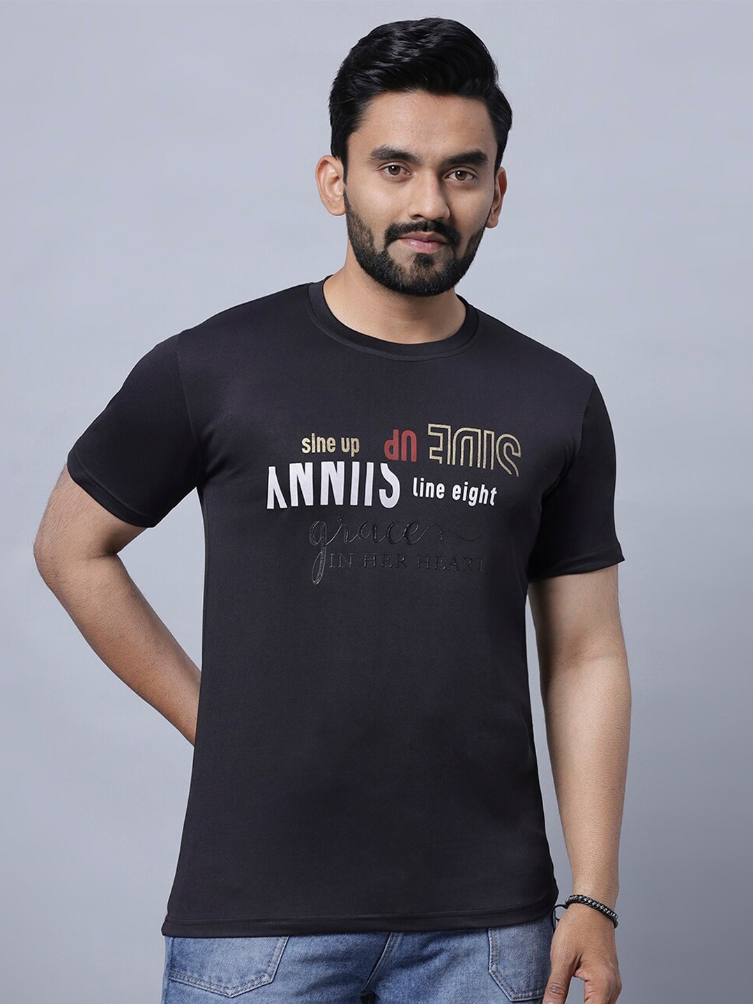 

N AND J Typography Printed Round Neck Cotton T-shirt, Black
