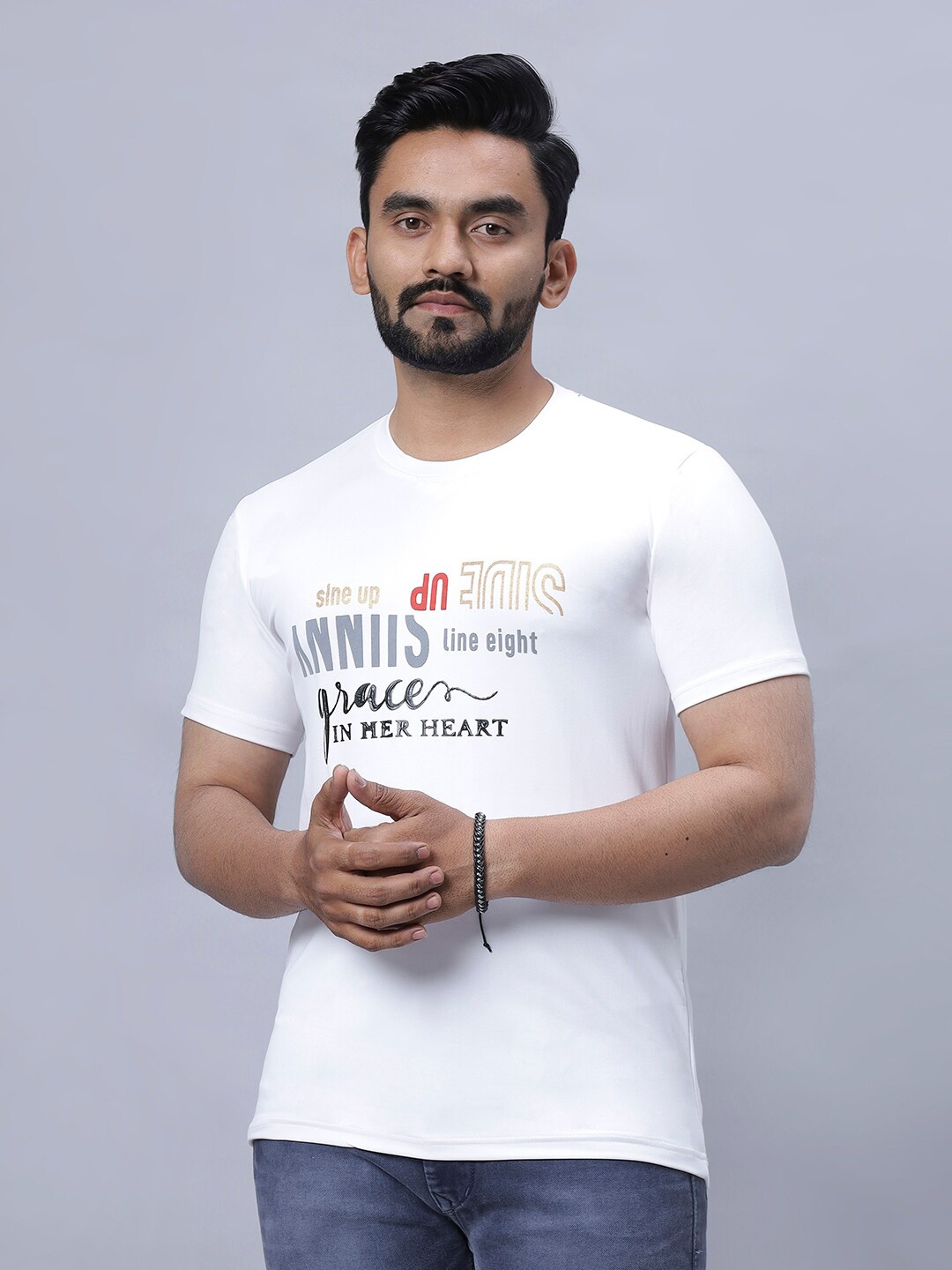 

N AND J Typography Printed Round Neck Cotton T-shirt, White