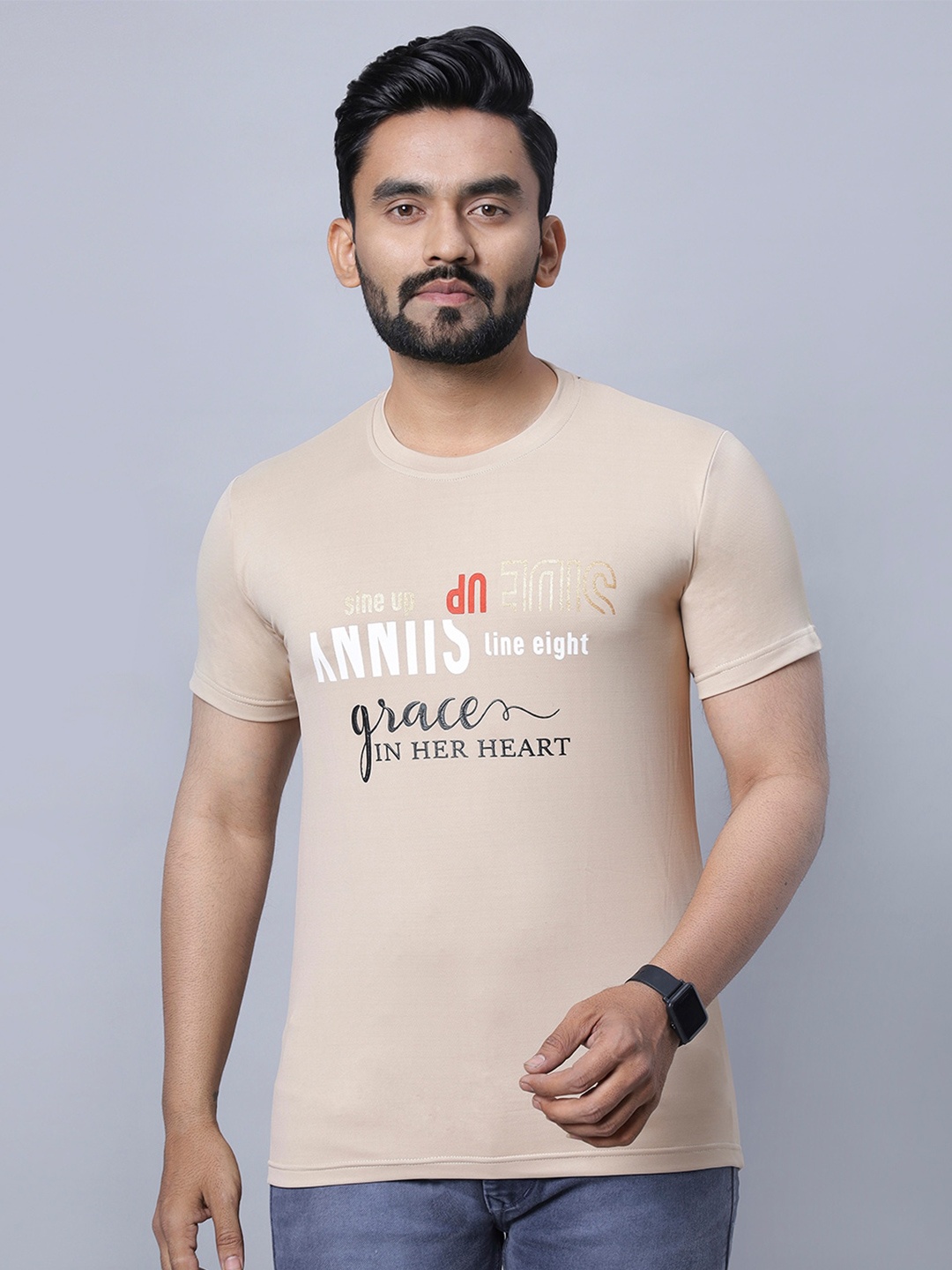 

N AND J Typography Printed Round Neck Cotton T-shirt, Brown
