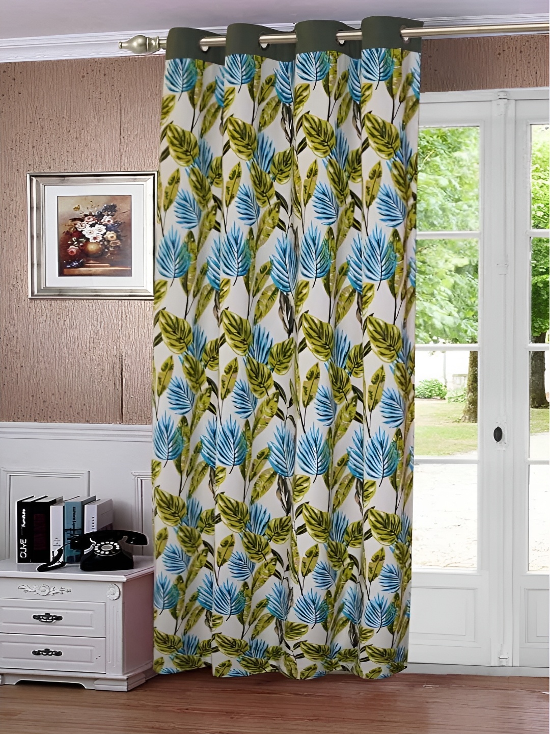 

Lushomes White & Green 2 Pieces Floral Cotton Black Out Door Curtains