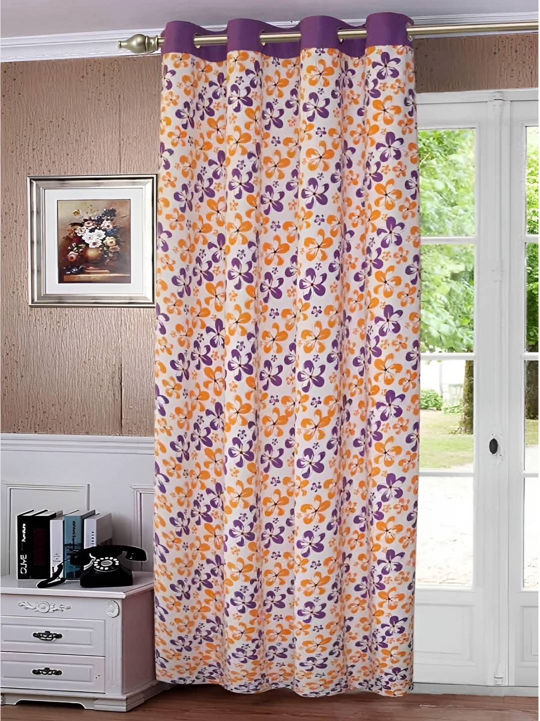 

Lushomes White & Purple Floral Black Out Door Curtain