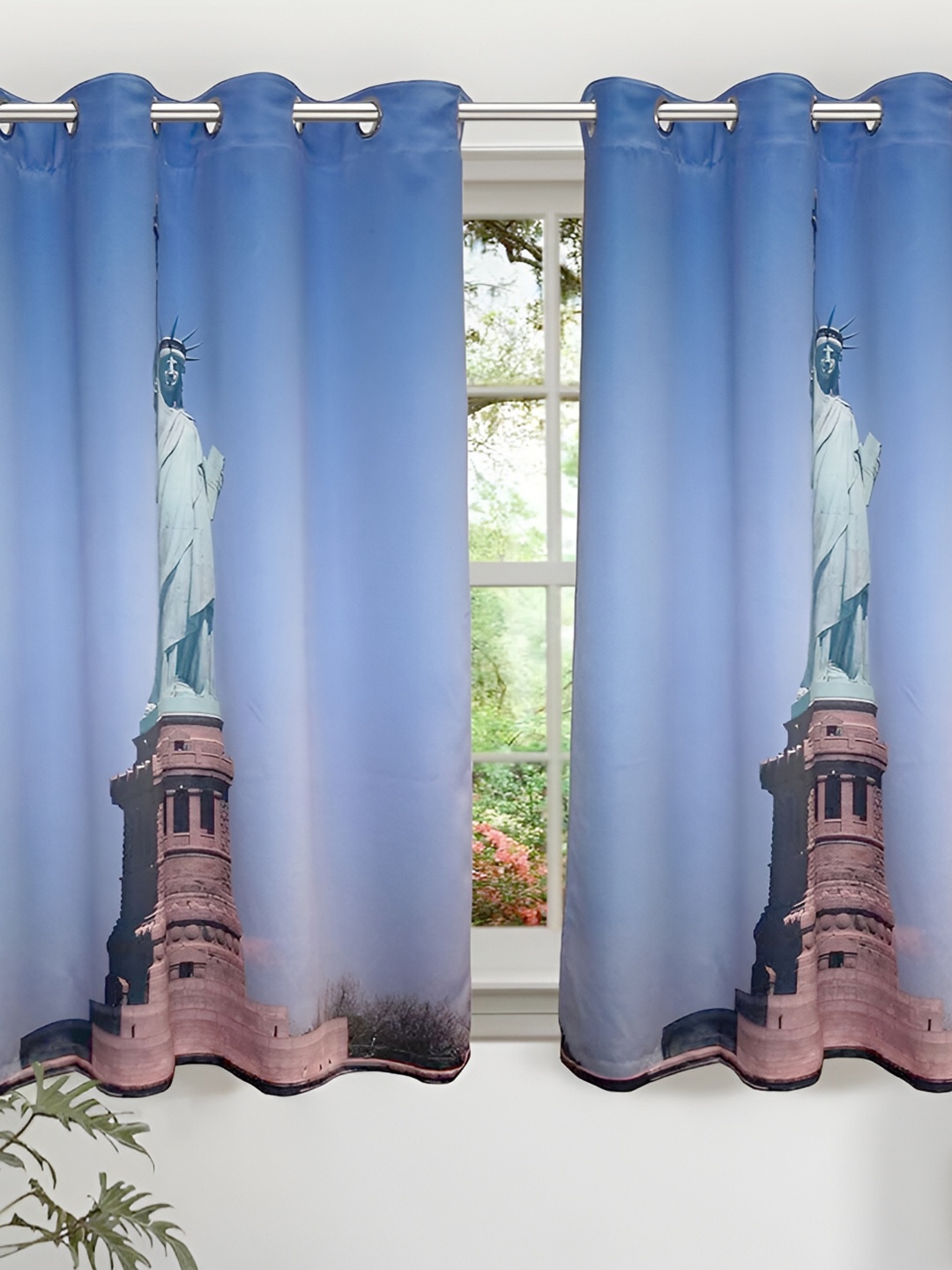 

Lushomes Blue & Brown Statue Of Liberty Printed Black Out Window Curtain
