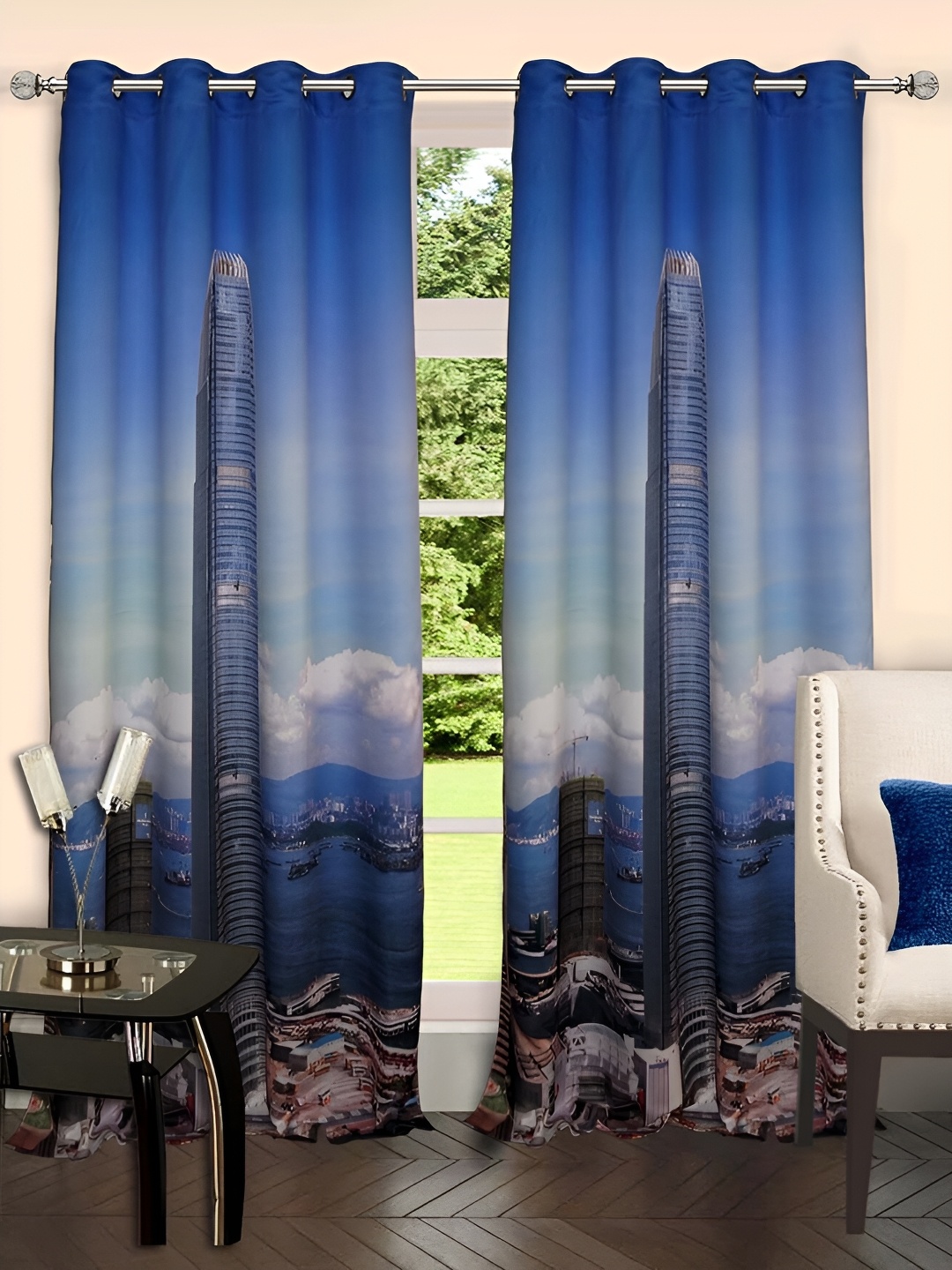 

Lushomes Blue & White Abstract Black Out Door Curtain