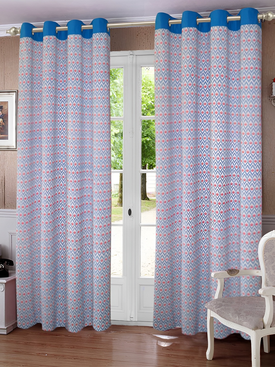 

Lushomes Blue & White Geometric Black Out Door Curtain