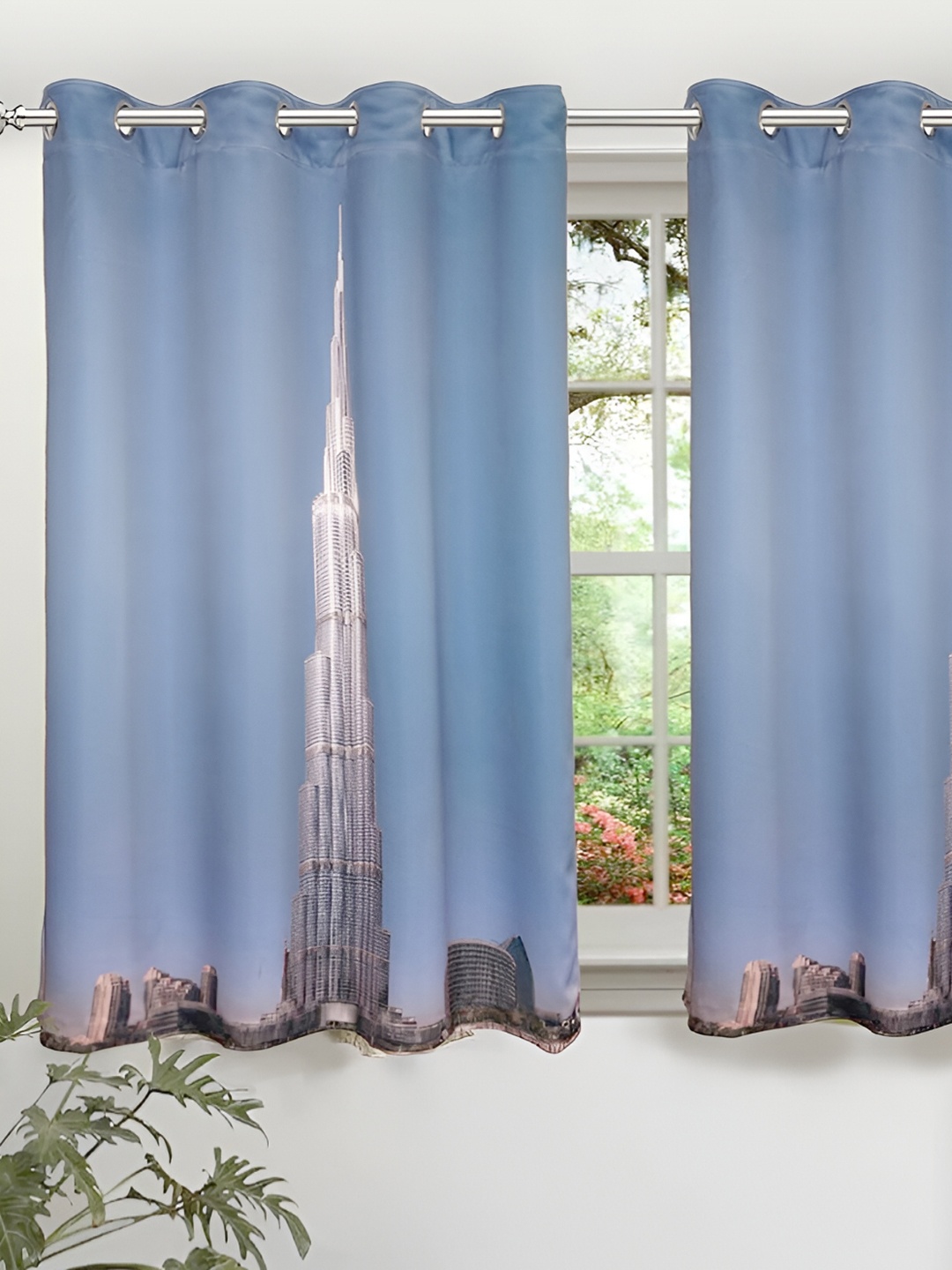 

Lushomes Blue & White Single Black Out Window Curtain