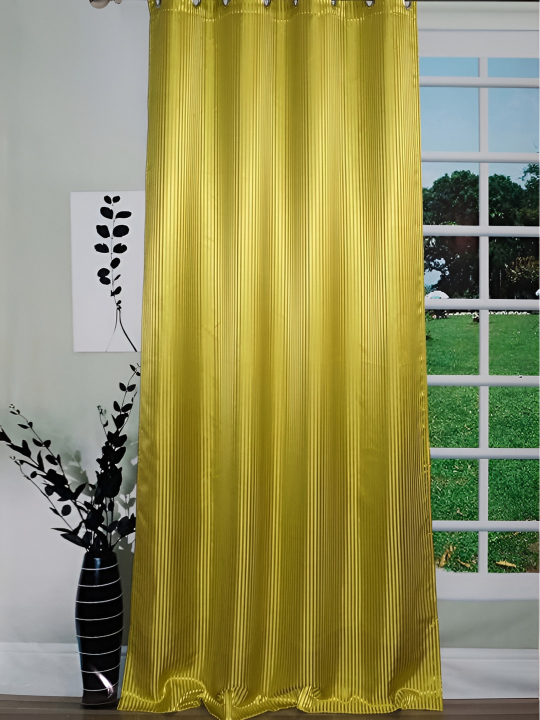 

Lushomes Green 2 Pieces Striped Black Out Satin Window Curtains