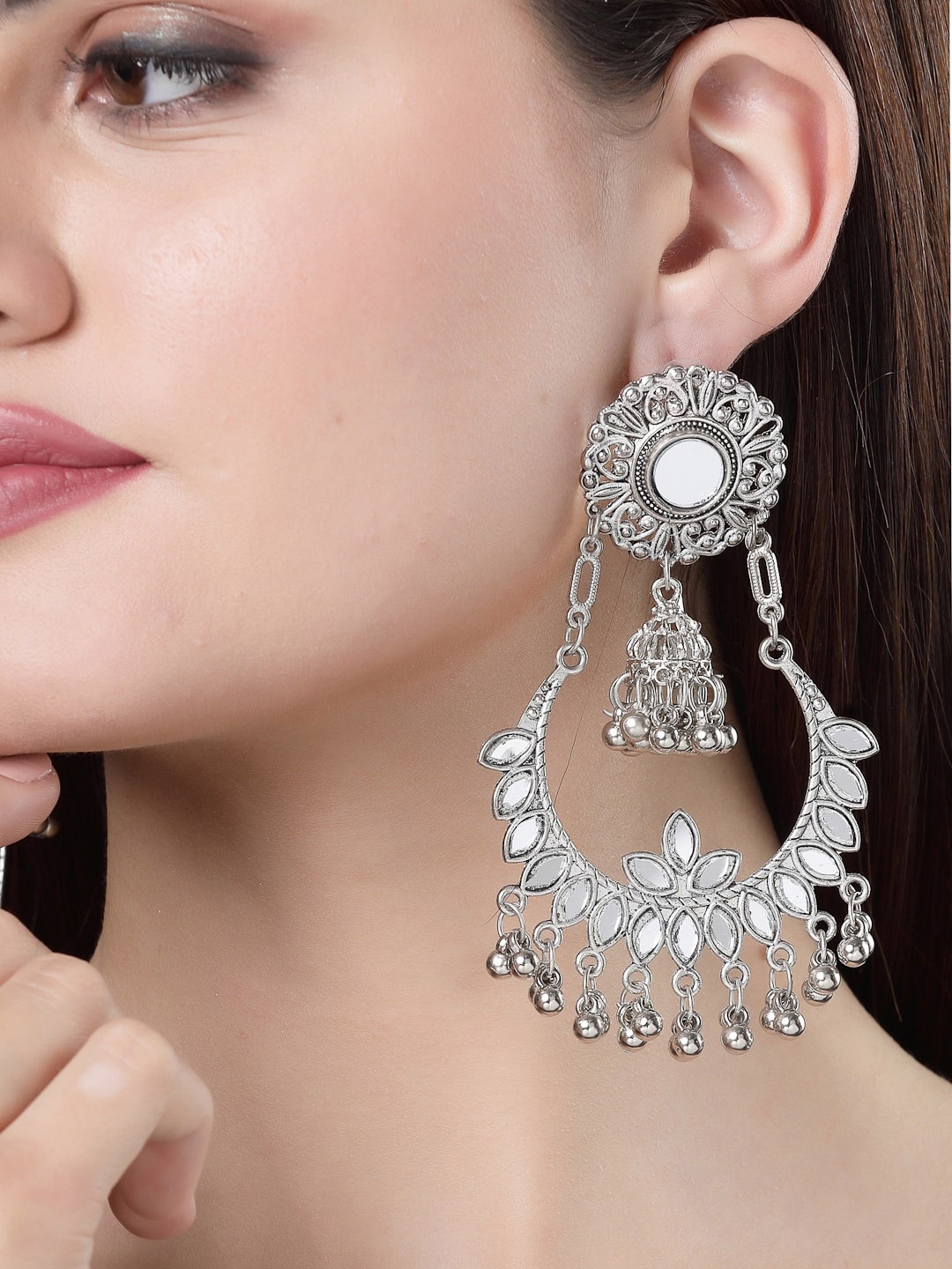 

NVR Silver-Plated Classic Mirror Chandbalis Earrings