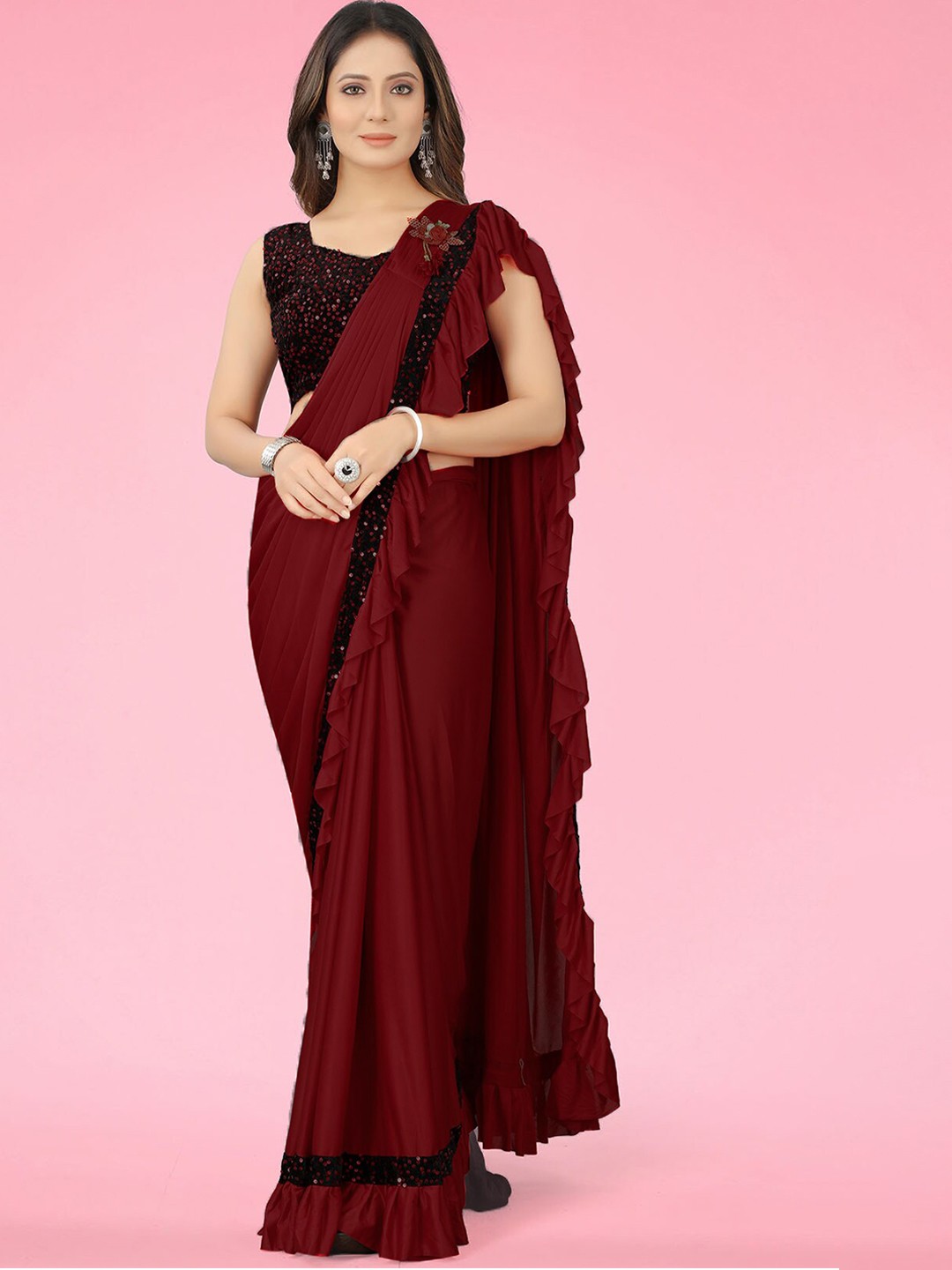 

Dhyey Fashion Ready To Wear Ruffles Saree, Maroon